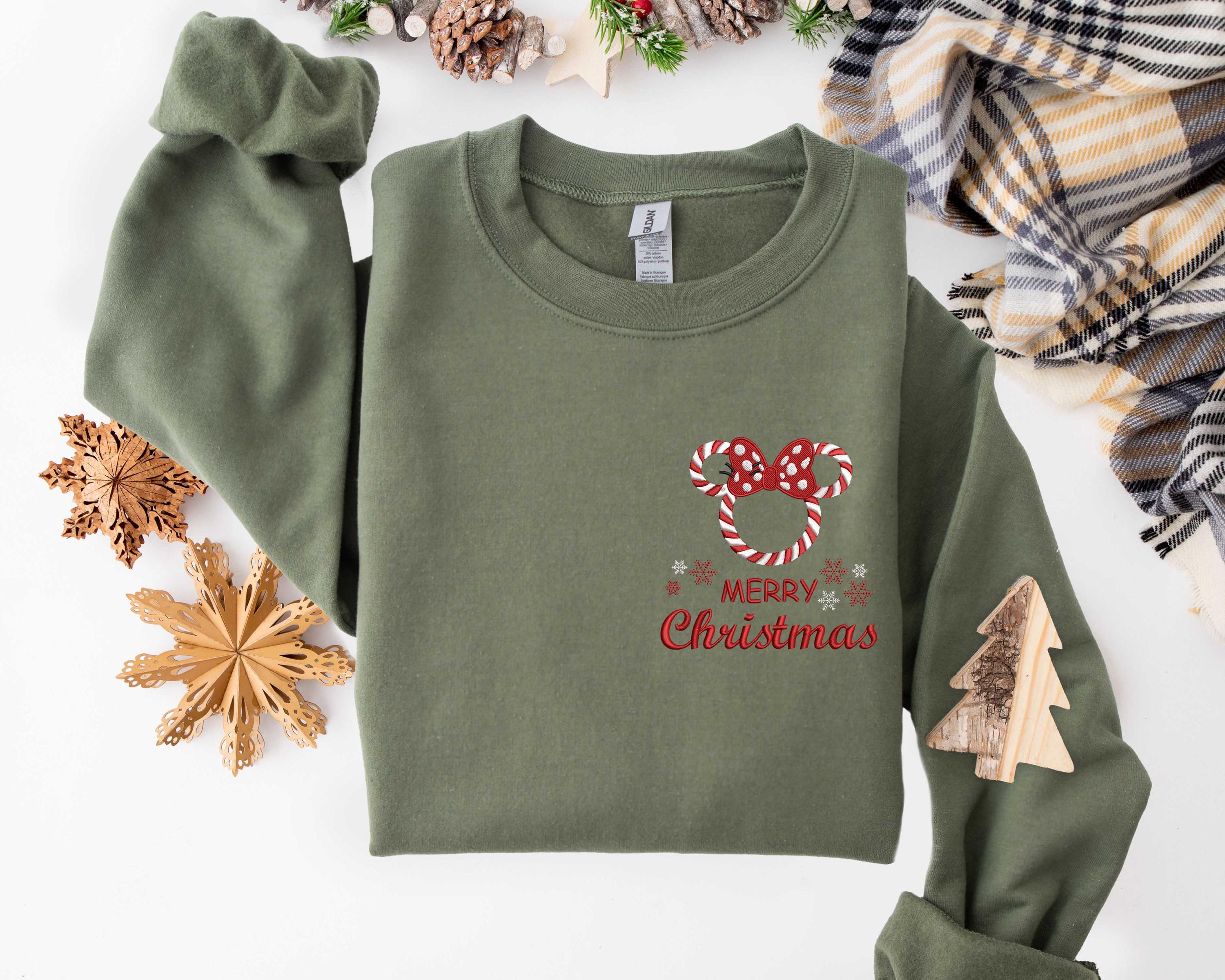Embroidered Merry Christmas Disney Sweatshirt with Santa Mickey and Minnie Mouse – Xmas Party Crewneck - photo 4