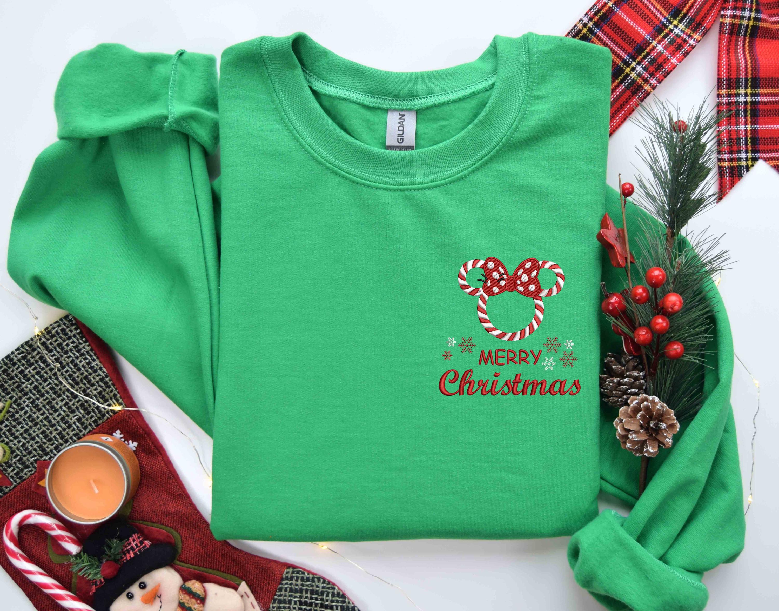 Embroidered Merry Christmas Disney Sweatshirt with Santa Mickey and Minnie Mouse – Xmas Party Crewneck - photo 5