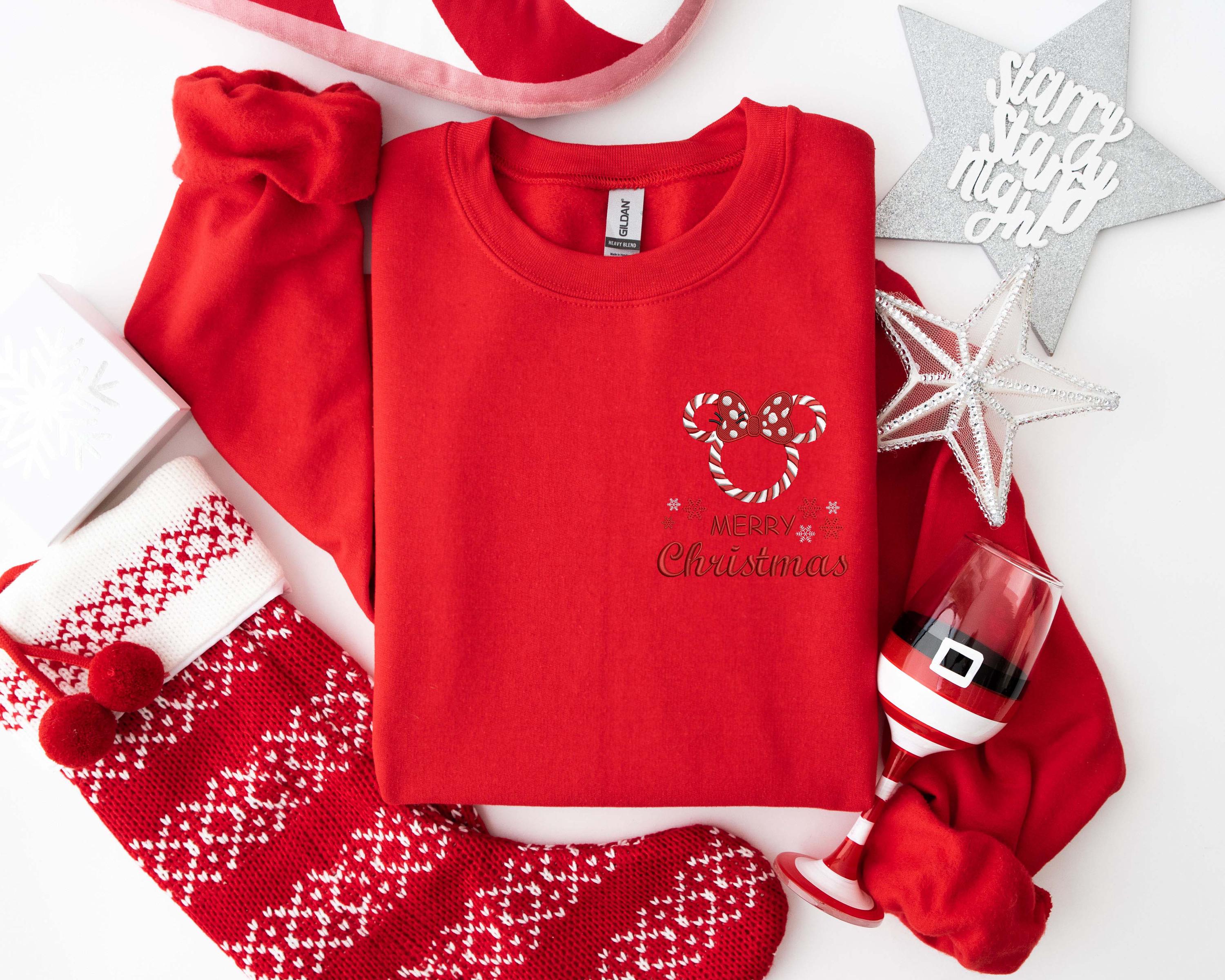 Embroidered Merry Christmas Disney Sweatshirt with Santa Mickey and Minnie Mouse – Xmas Party Crewneck - photo 6