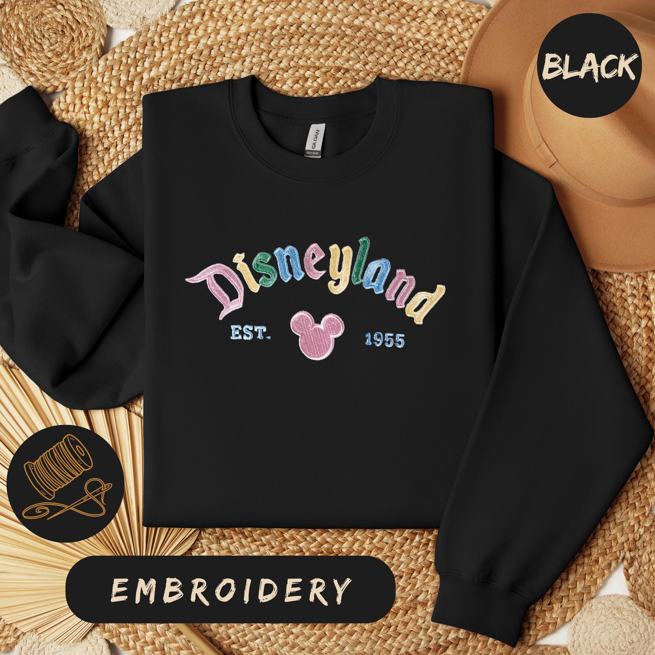 Embroidered Disneyland Sweatshirt Hoodie with Vintage 1955 Design – Rainbow Pastel Mickey Mouse Pullover Fan Gift