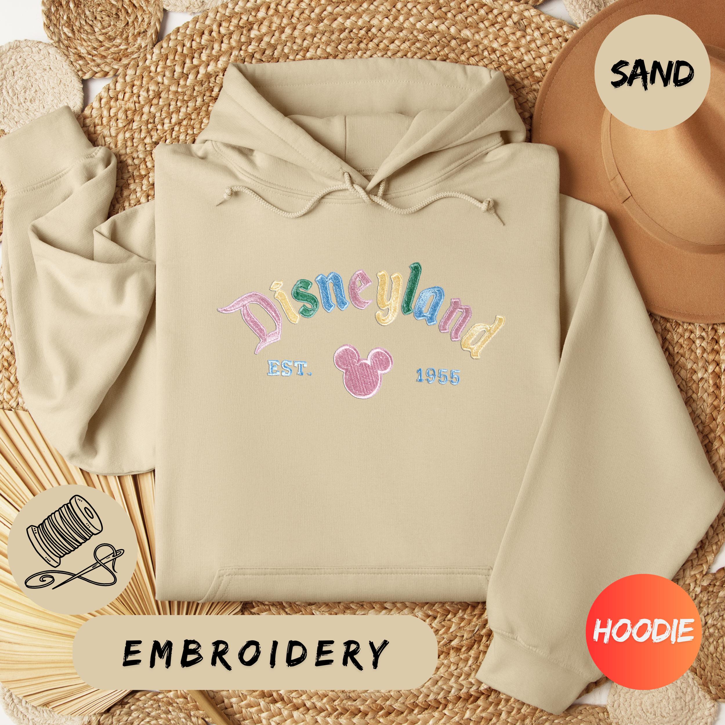 Embroidered Disneyland Sweatshirt Hoodie with Vintage 1955 Design – Rainbow Pastel Mickey Mouse Pullover Fan Gift - photo 4