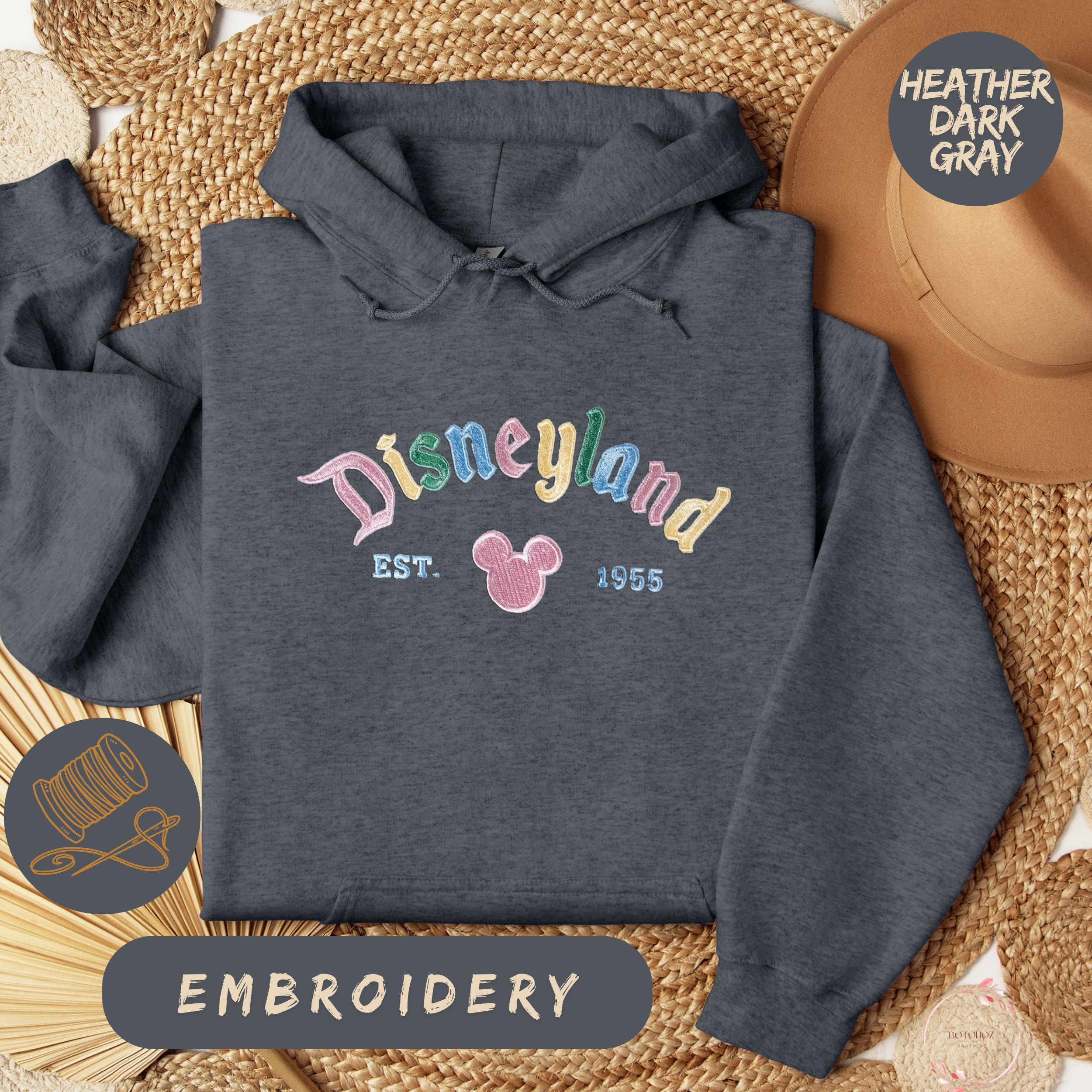 Embroidered Disneyland Sweatshirt Hoodie with Vintage 1955 Design – Rainbow Pastel Mickey Mouse Pullover Fan Gift - photo 7