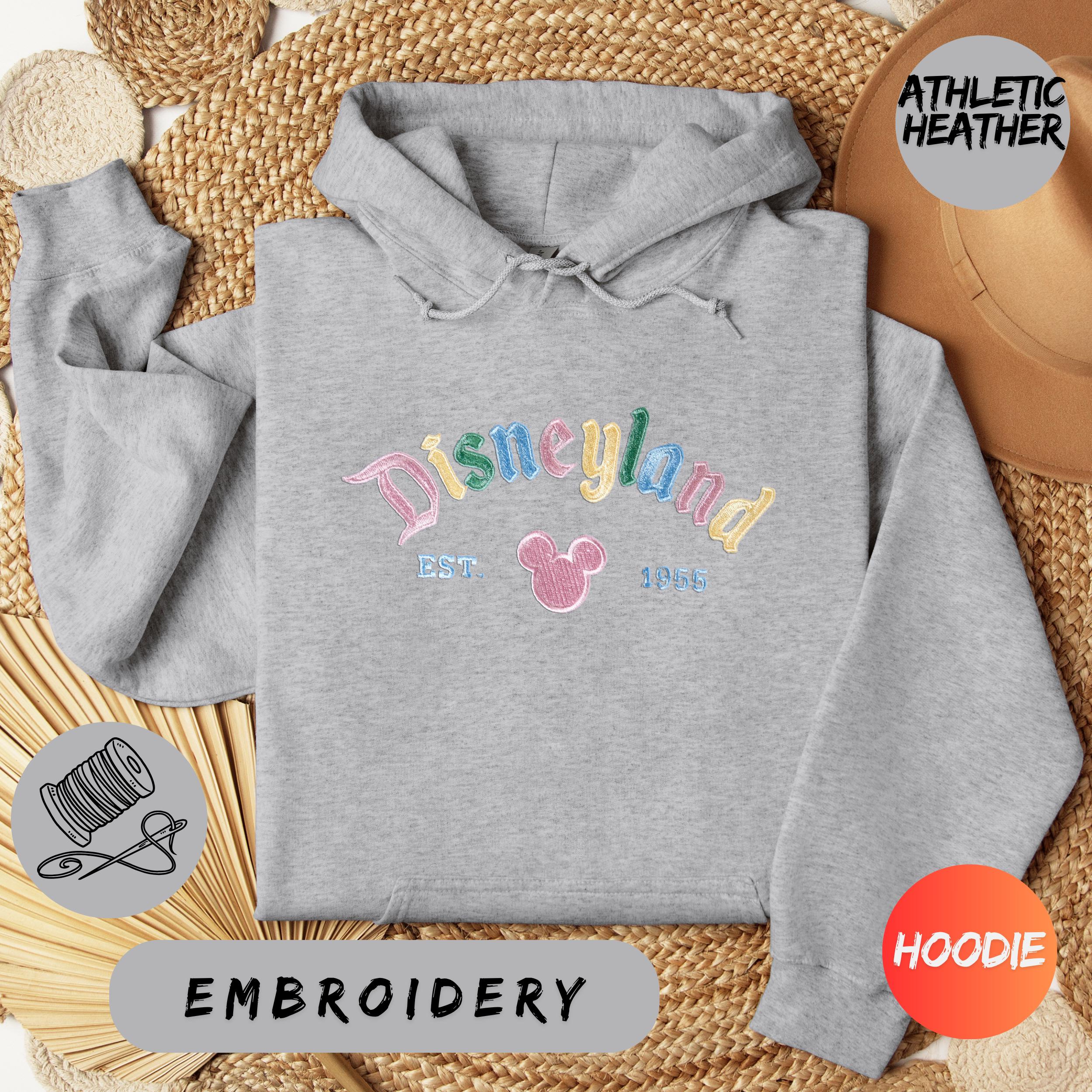Embroidered Disneyland Sweatshirt Hoodie with Vintage 1955 Design – Rainbow Pastel Mickey Mouse Pullover Fan Gift - photo 8