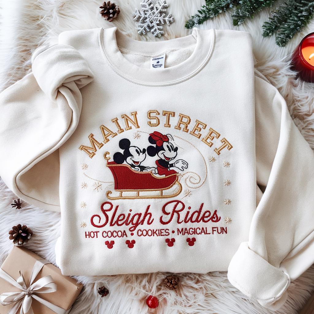 Disney Christmas Sleigh Ride Main Street Embroidered Sweatshirt – Mickey and Minnie Hot Cocoa Holiday Family Xmas Tee
