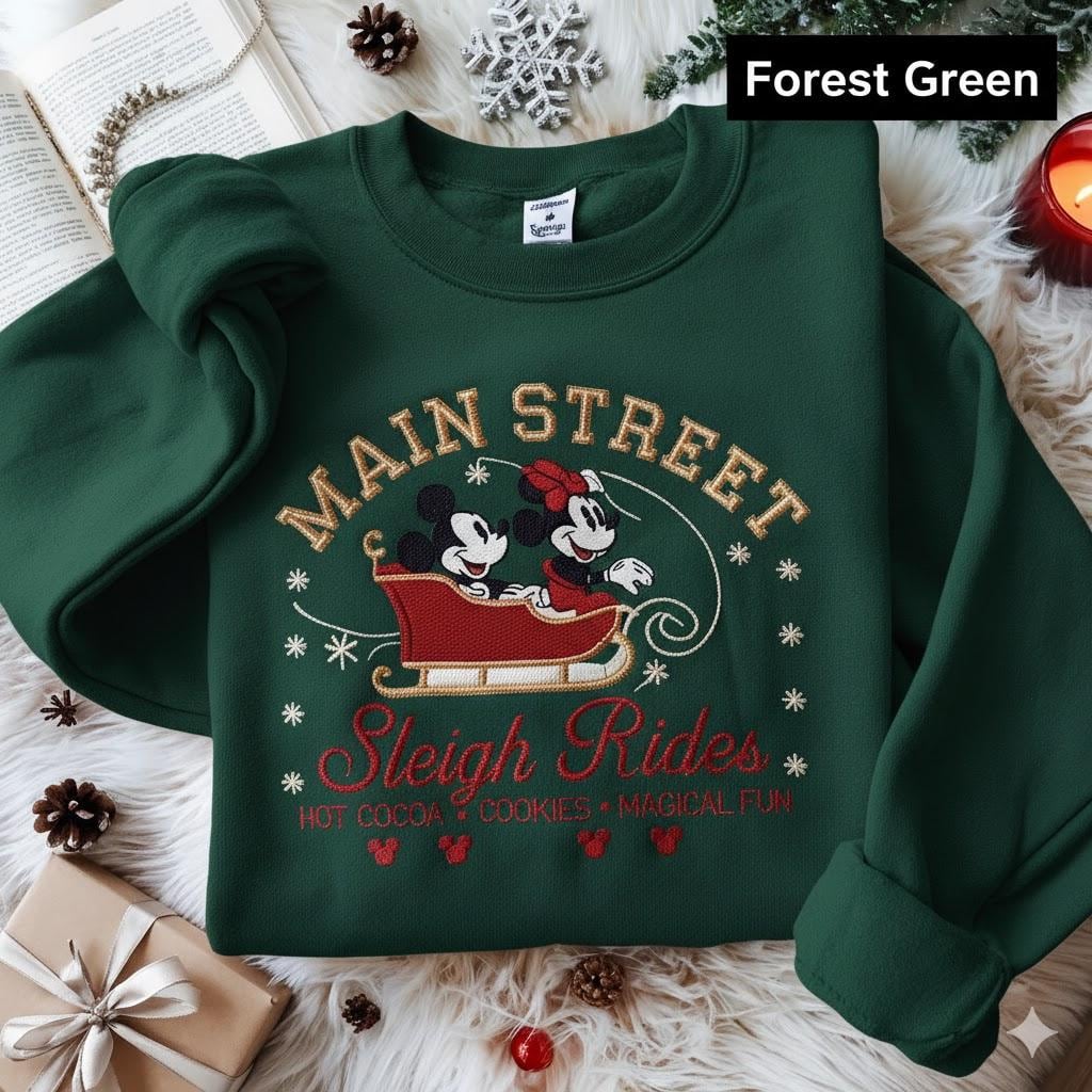 Disney Christmas Sleigh Ride Main Street Embroidered Sweatshirt – Mickey and Minnie Hot Cocoa Holiday Family Xmas Tee - photo 2