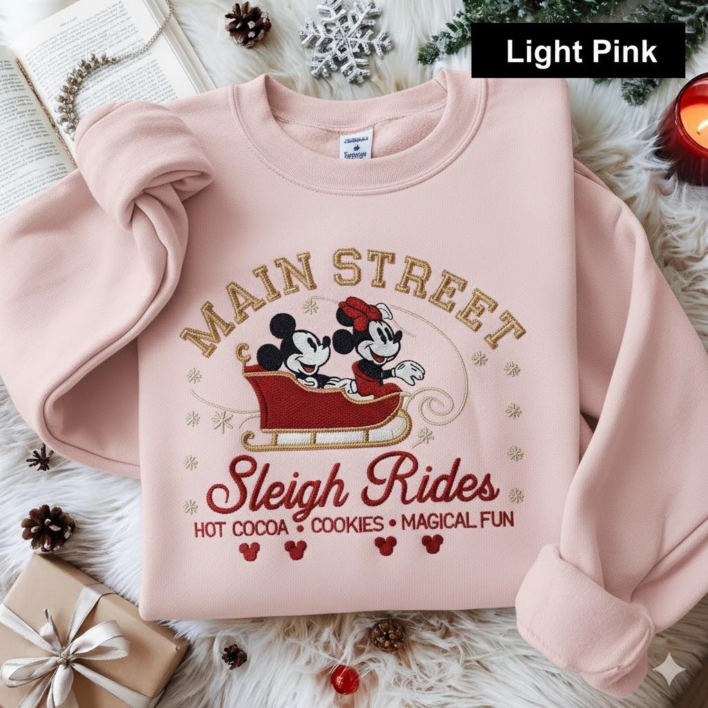 Disney Christmas Sleigh Ride Main Street Embroidered Sweatshirt – Mickey and Minnie Hot Cocoa Holiday Family Xmas Tee - photo 3