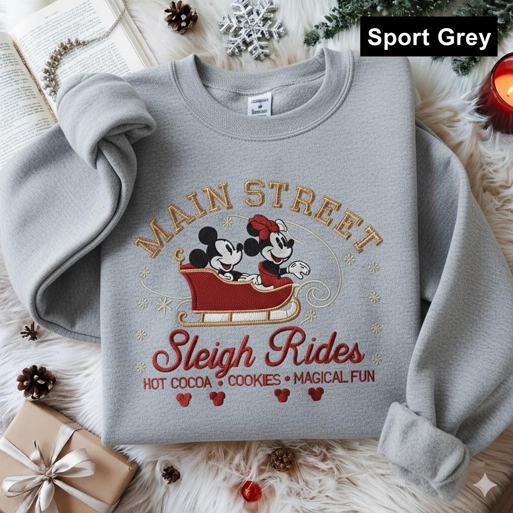 Disney Christmas Sleigh Ride Main Street Embroidered Sweatshirt – Mickey and Minnie Hot Cocoa Holiday Family Xmas Tee - photo 4