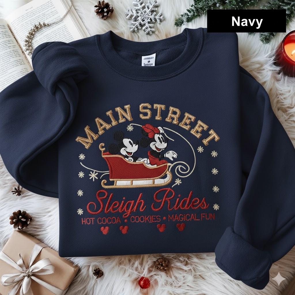 Disney Christmas Sleigh Ride Main Street Embroidered Sweatshirt – Mickey and Minnie Hot Cocoa Holiday Family Xmas Tee - photo 5