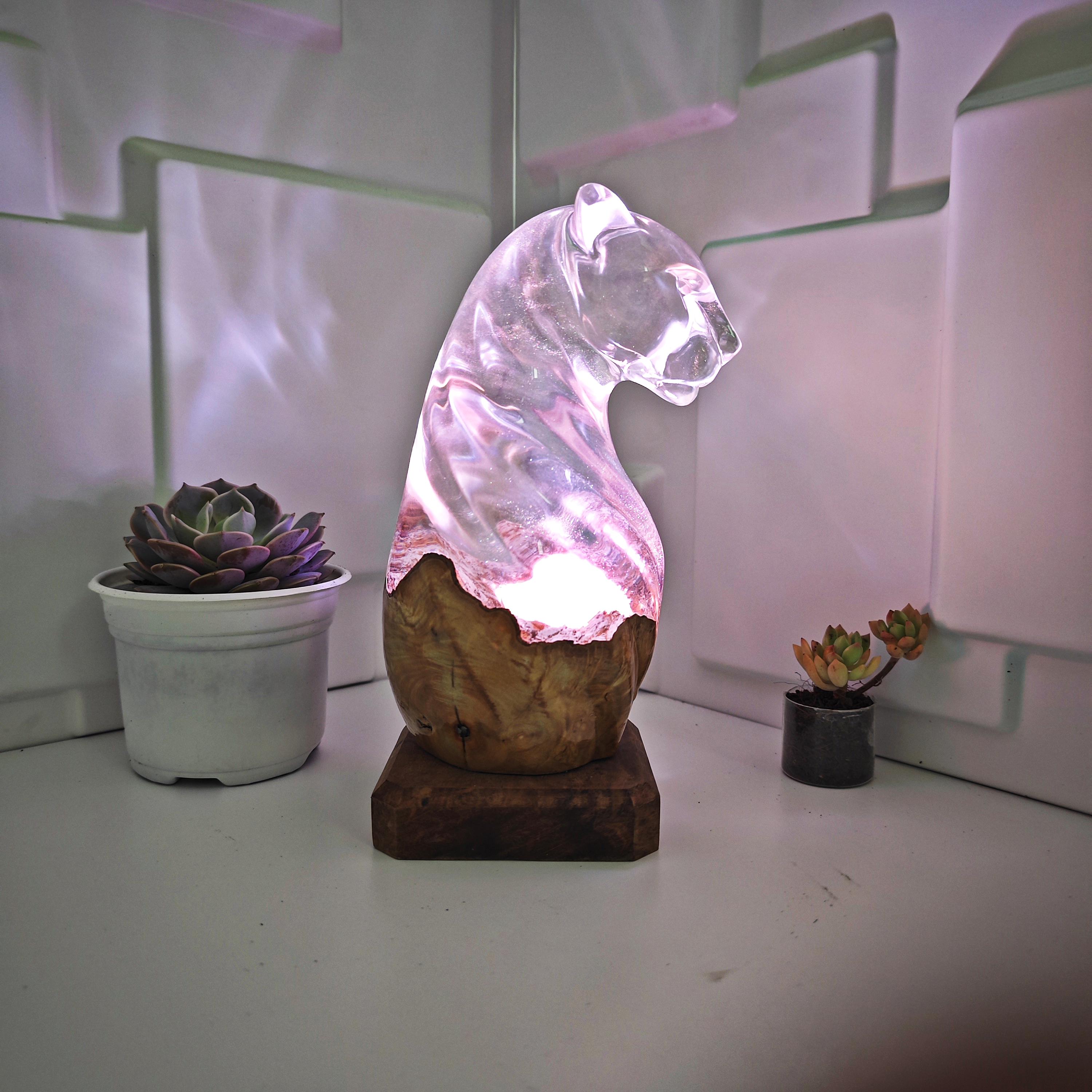 Handmade Burl Wood Leopard Lamp – Abstract Resin RGB LED Light and Gift for a Loved One