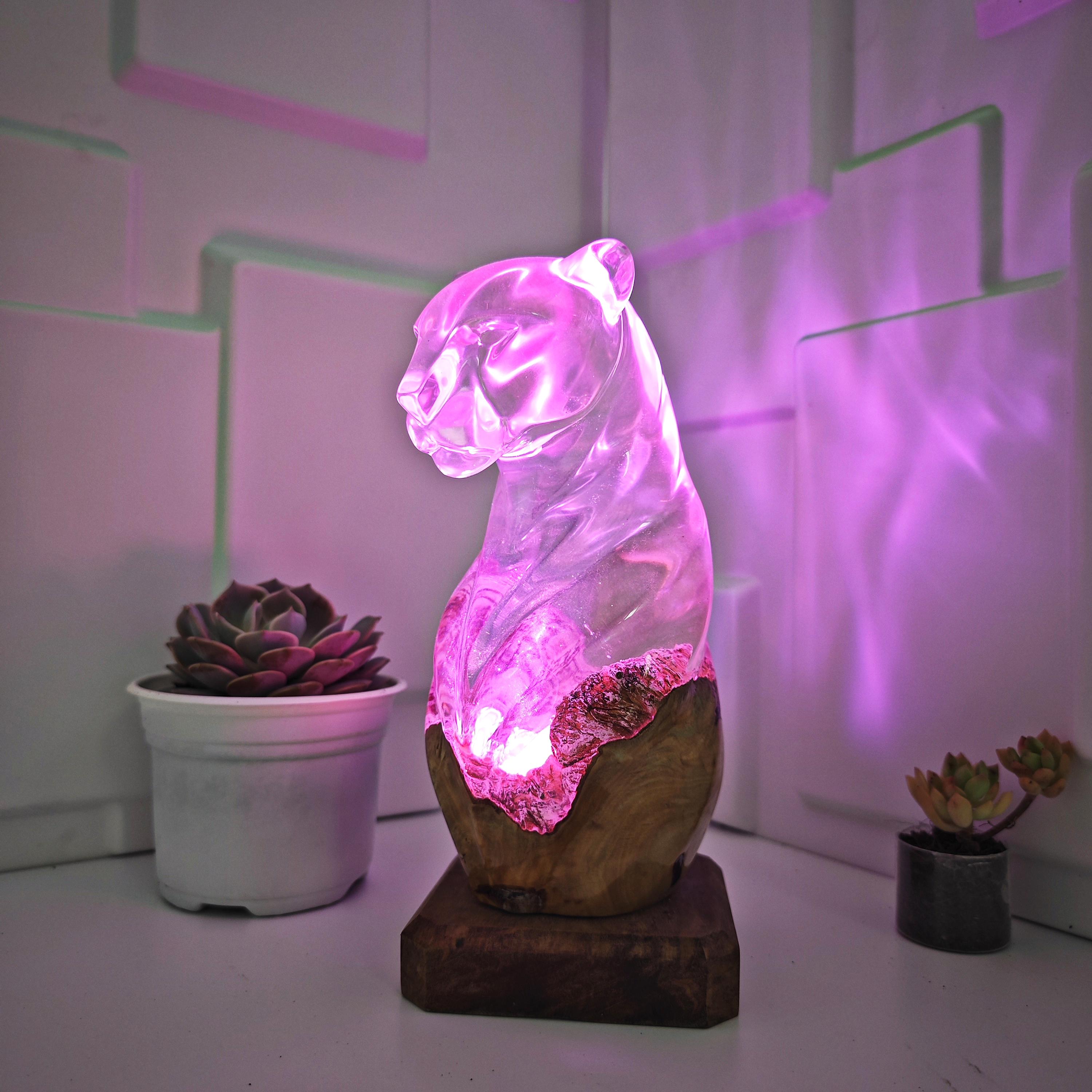 Handmade Burl Wood Leopard Lamp – Abstract Resin RGB LED Light and Gift for a Loved One - photo 3