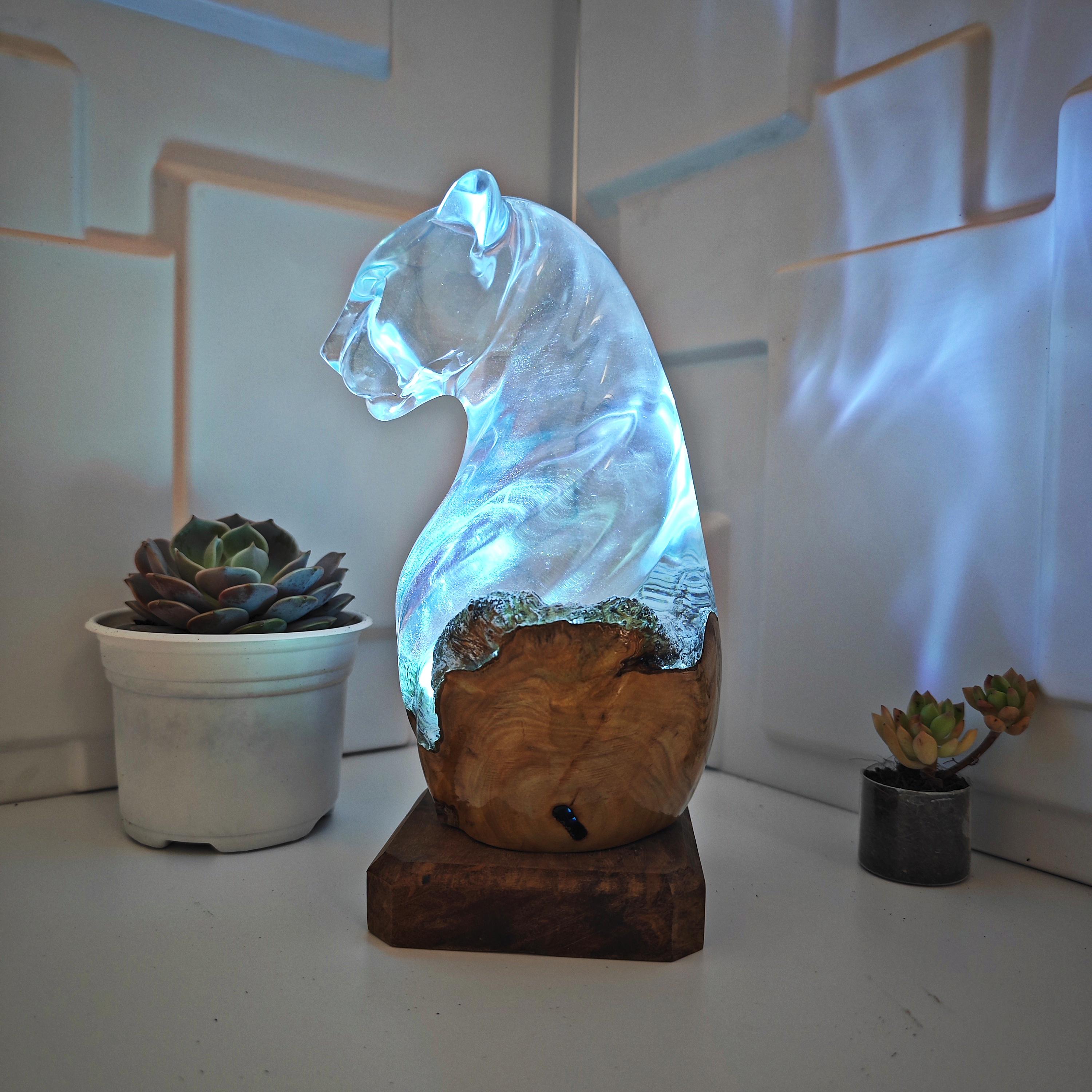 Handmade Burl Wood Leopard Lamp – Abstract Resin RGB LED Light and Gift for a Loved One - photo 5