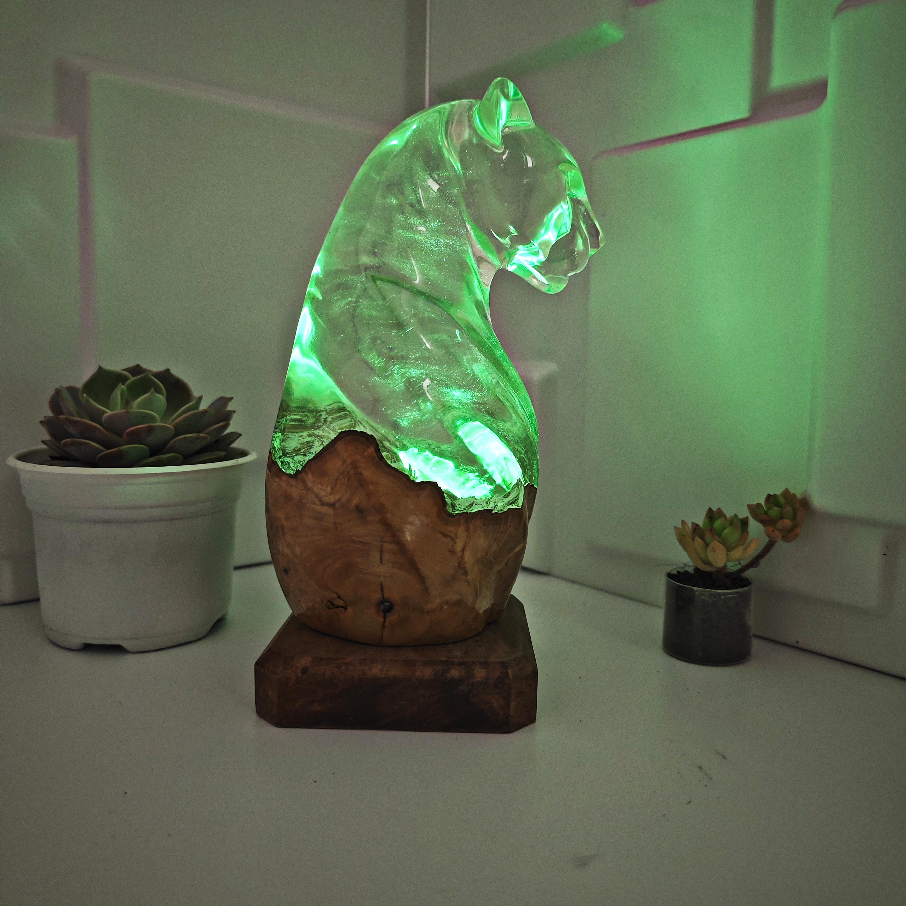 Handmade Burl Wood Leopard Lamp – Abstract Resin RGB LED Light and Gift for a Loved One - photo 9