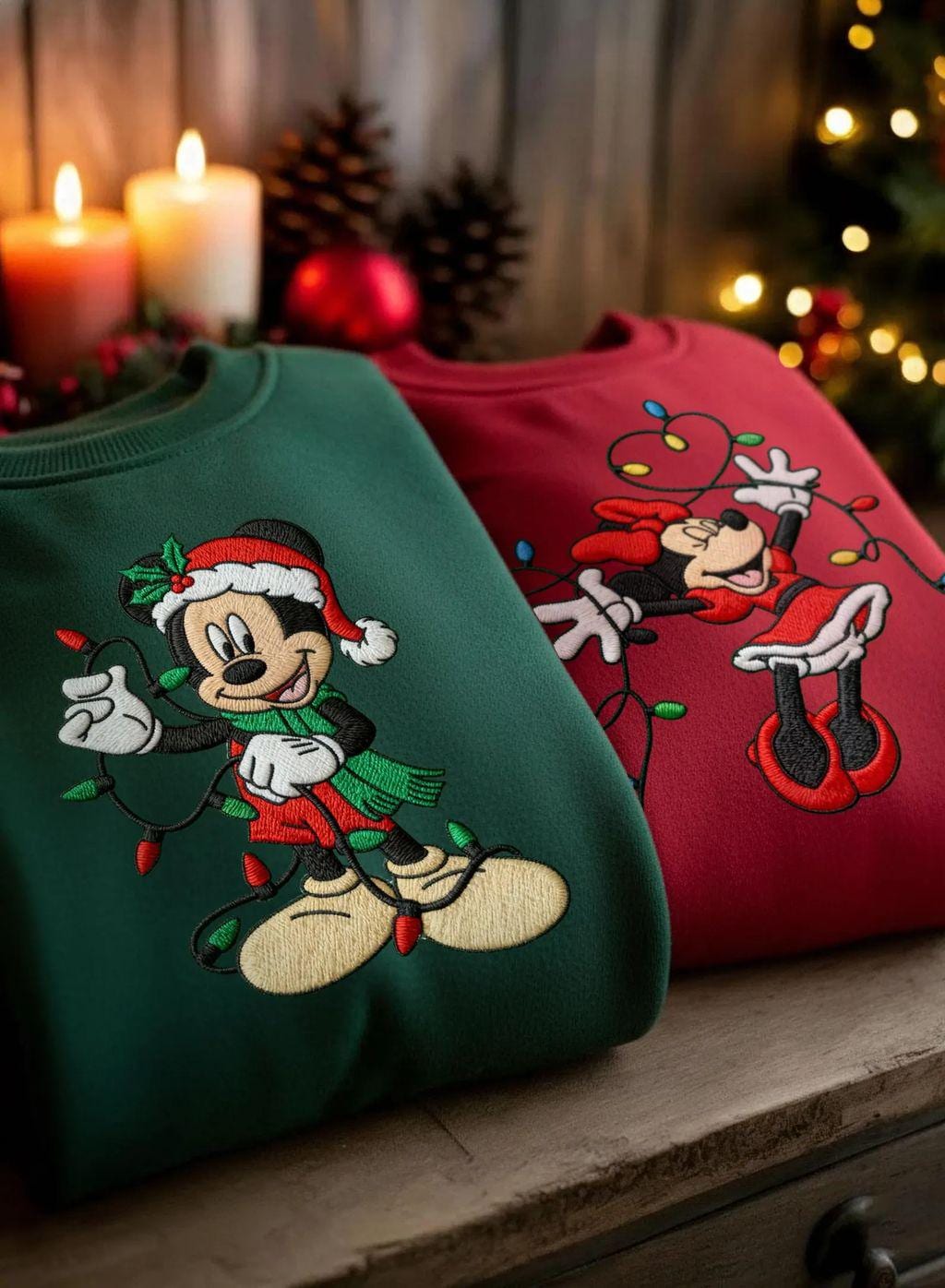 Embroidered Mickey and Minnie Christmas Sweatshirt – Cozy Xmas Lights Crewneck and Matching Disney Couple Holiday Shirts