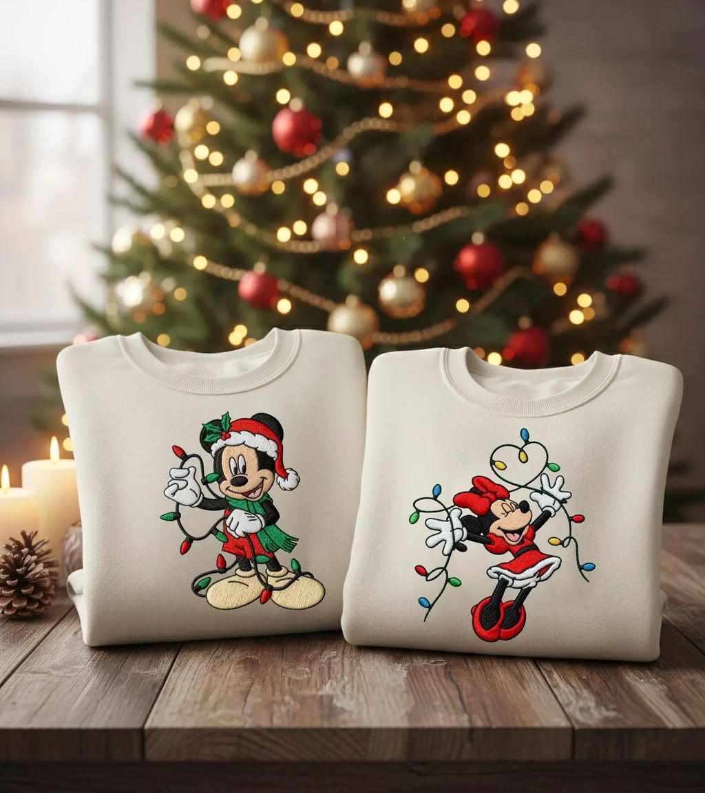 Embroidered Mickey and Minnie Christmas Sweatshirt – Cozy Xmas Lights Crewneck and Matching Disney Couple Holiday Shirts - photo 2