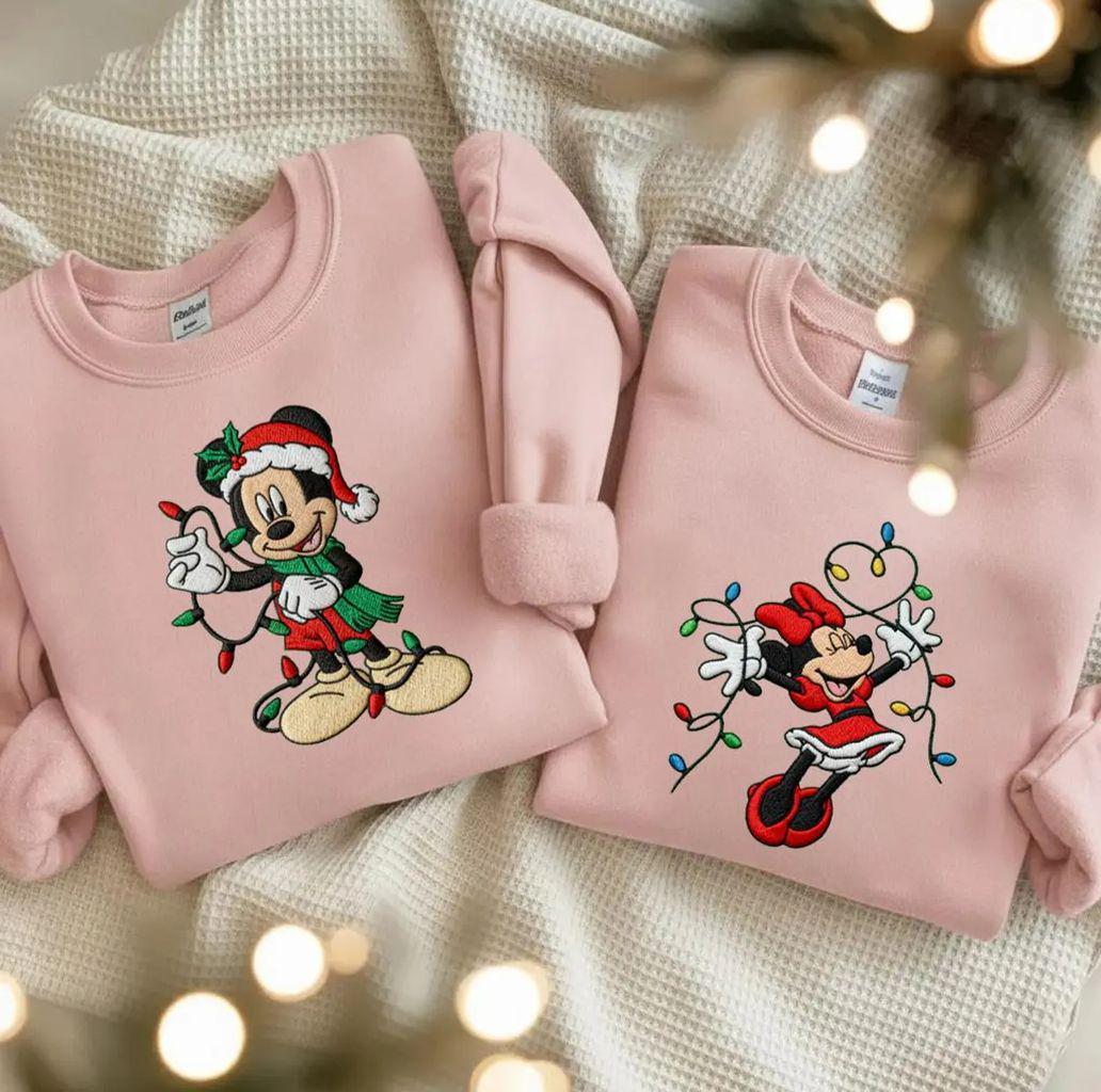 Embroidered Mickey and Minnie Christmas Sweatshirt – Cozy Xmas Lights Crewneck and Matching Disney Couple Holiday Shirts - photo 4