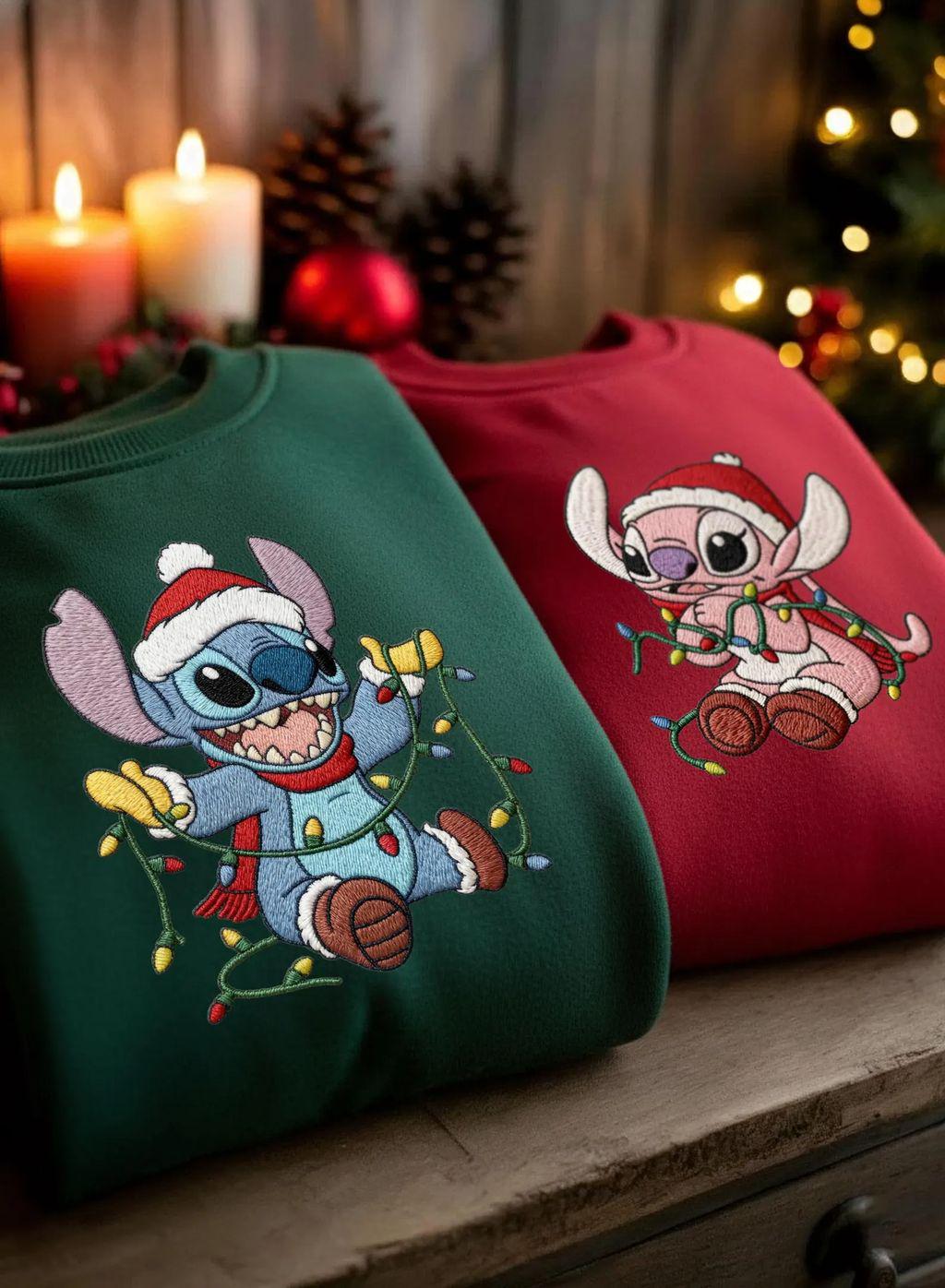 Embroidered Disney Stitch and Angel Christmas Lights Sweatshirt – Lilo and Stitch Xmas Couple Tee for Matching Outfits