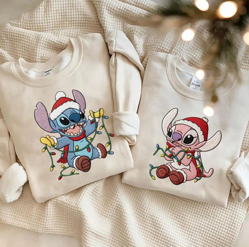 Embroidered Disney Stitch and Angel Christmas Lights Sweatshirt – Lilo and Stitch Xmas Couple Tee for Matching Outfits - photo 2
