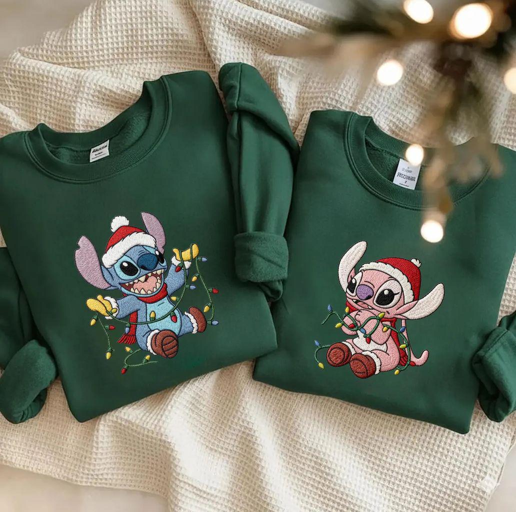 Embroidered Disney Stitch and Angel Christmas Lights Sweatshirt – Lilo and Stitch Xmas Couple Tee for Matching Outfits - photo 3