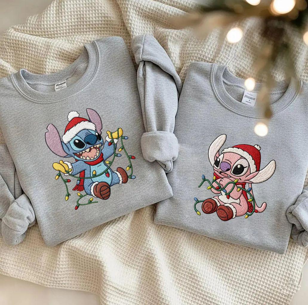 Embroidered Disney Stitch and Angel Christmas Lights Sweatshirt – Lilo and Stitch Xmas Couple Tee for Matching Outfits - photo 4