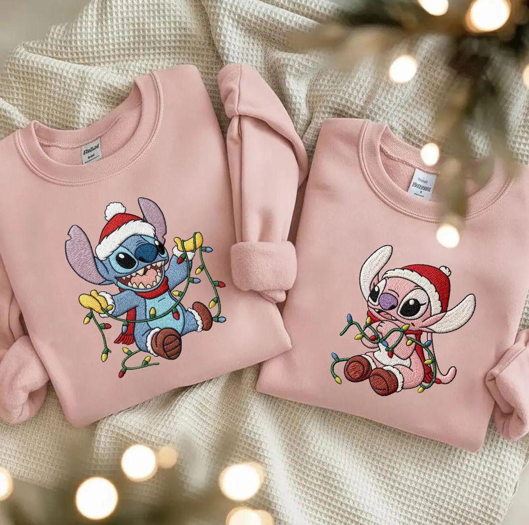 Embroidered Disney Stitch and Angel Christmas Lights Sweatshirt – Lilo and Stitch Xmas Couple Tee for Matching Outfits - photo 5