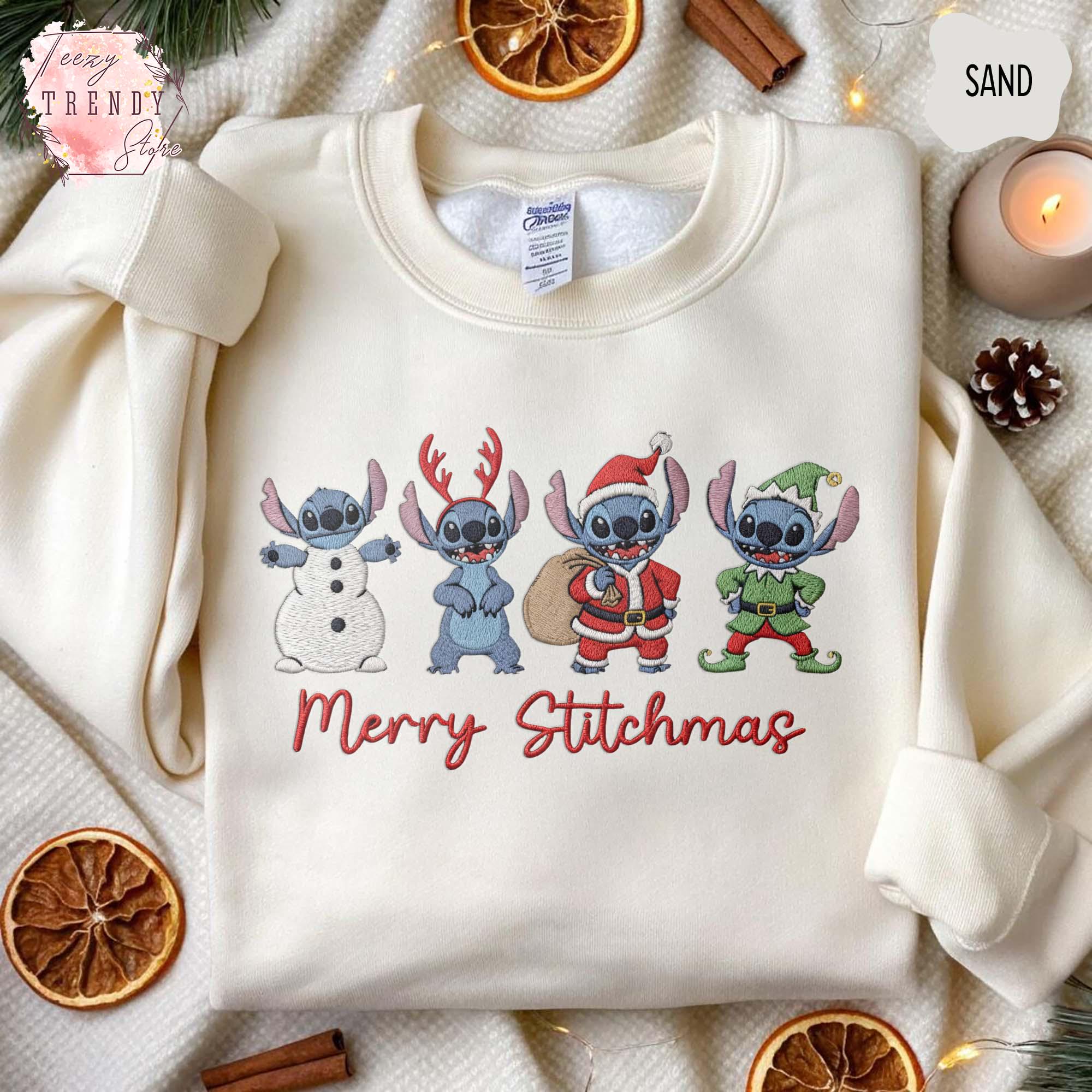 Embroidered Merry Stitchmas Sweatshirt – Cute Stitch Christmas Shirt and Cozy Disney Holiday Xmas Gift Sweater
