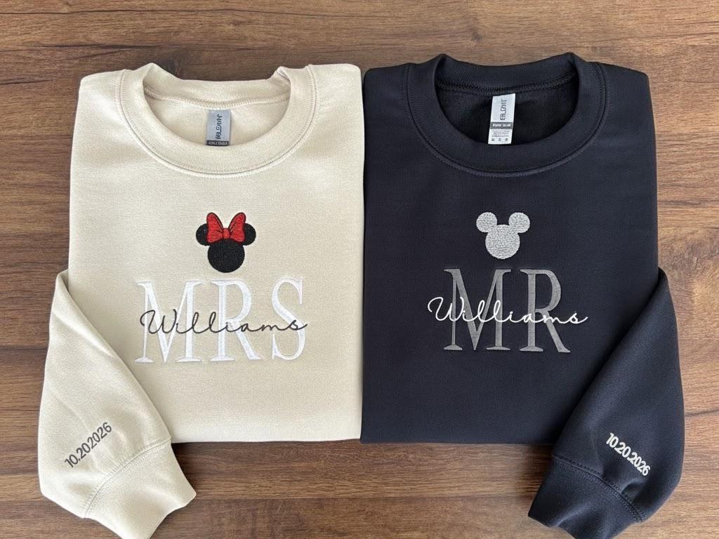 Embroidered Mr And Mrs Disney Wedding Sweatshirt Or Tee With Personalized Date – Custom Mickey And Minnie Honeymoon Crewneck Shirt - photo 2