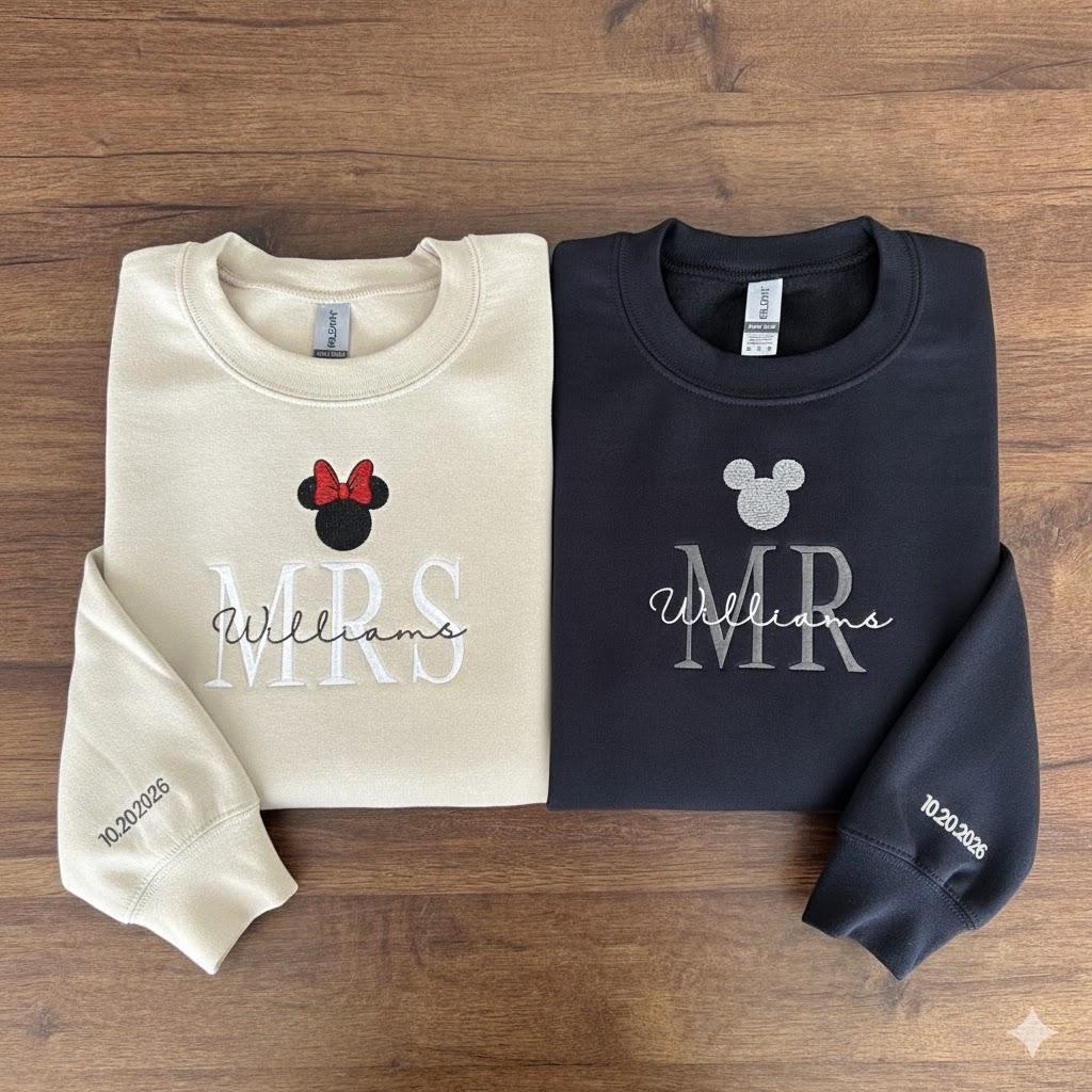 Embroidered Mr And Mrs Disney Wedding Sweatshirt Or Tee With Personalized Date – Custom Mickey And Minnie Honeymoon Crewneck Shirt - photo 3
