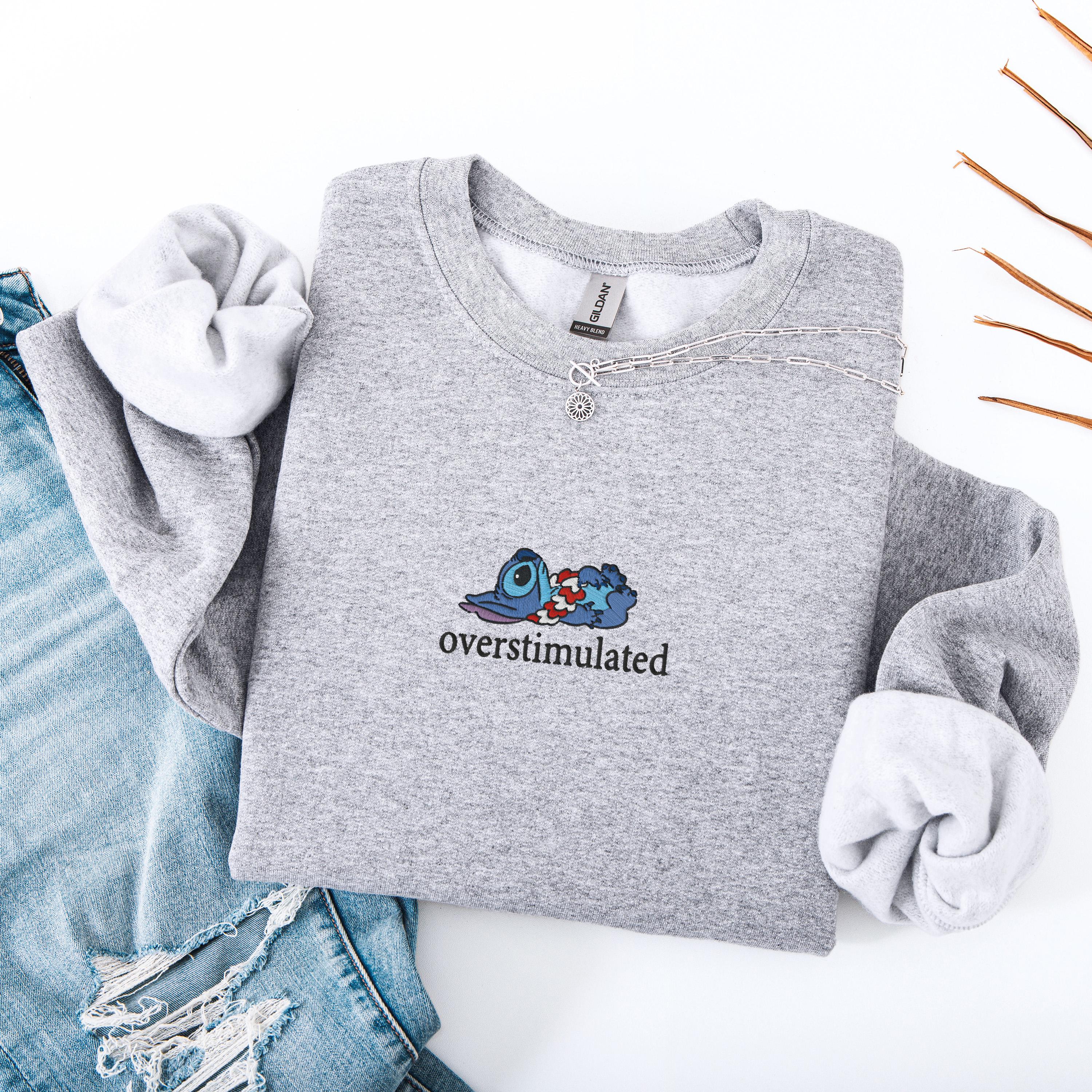 Embroidered Overstimulated Blue Alien Sweatshirt – Funny Magical Kingdom Anxiety And Mental Health Sweater - photo 2
