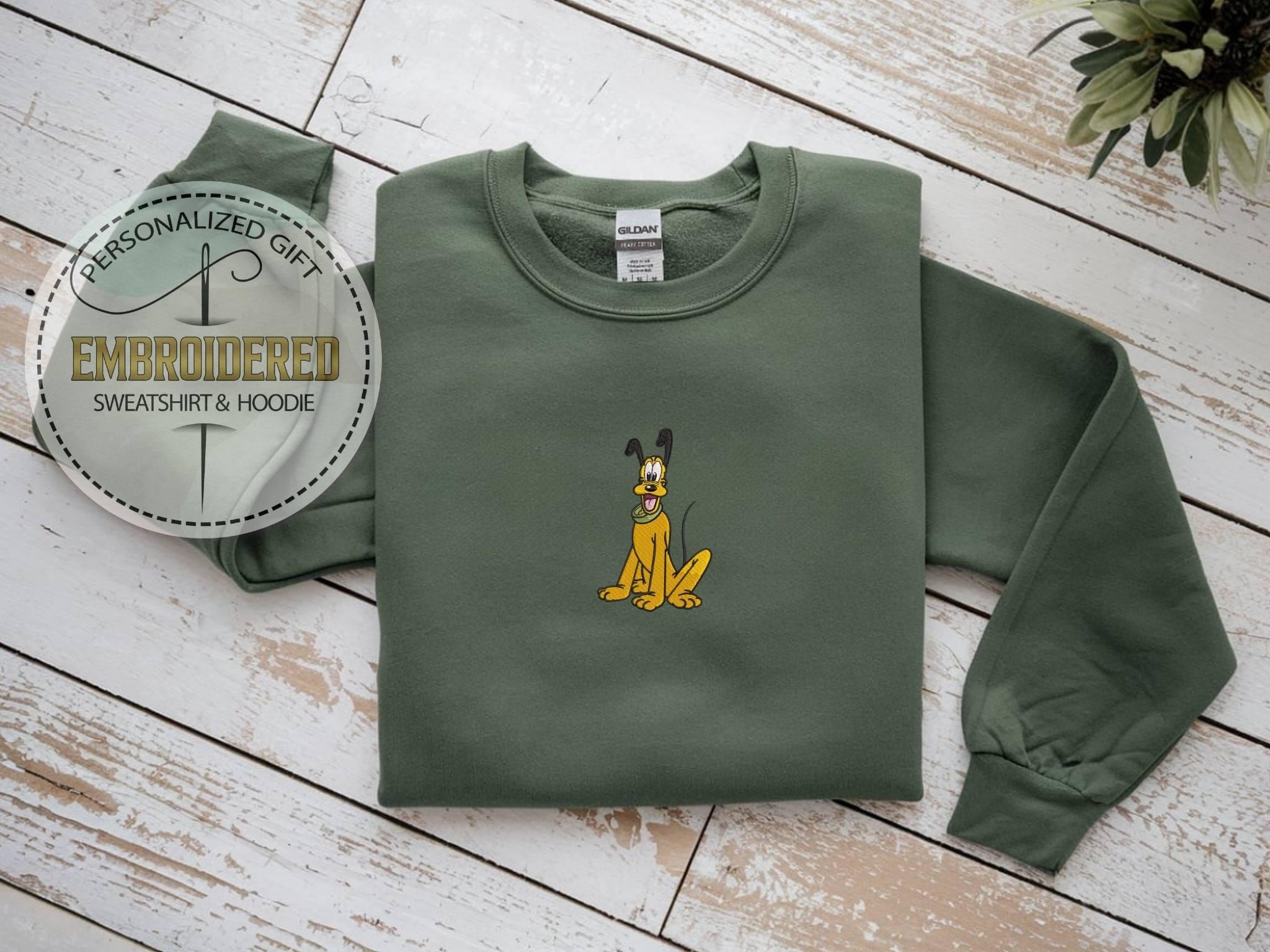Embroidered Pluto Dog Sweatshirt With Minimalist Cartoon Embroidery – Cozy Disney Family Trip Hoodie And Dog Lover Gift