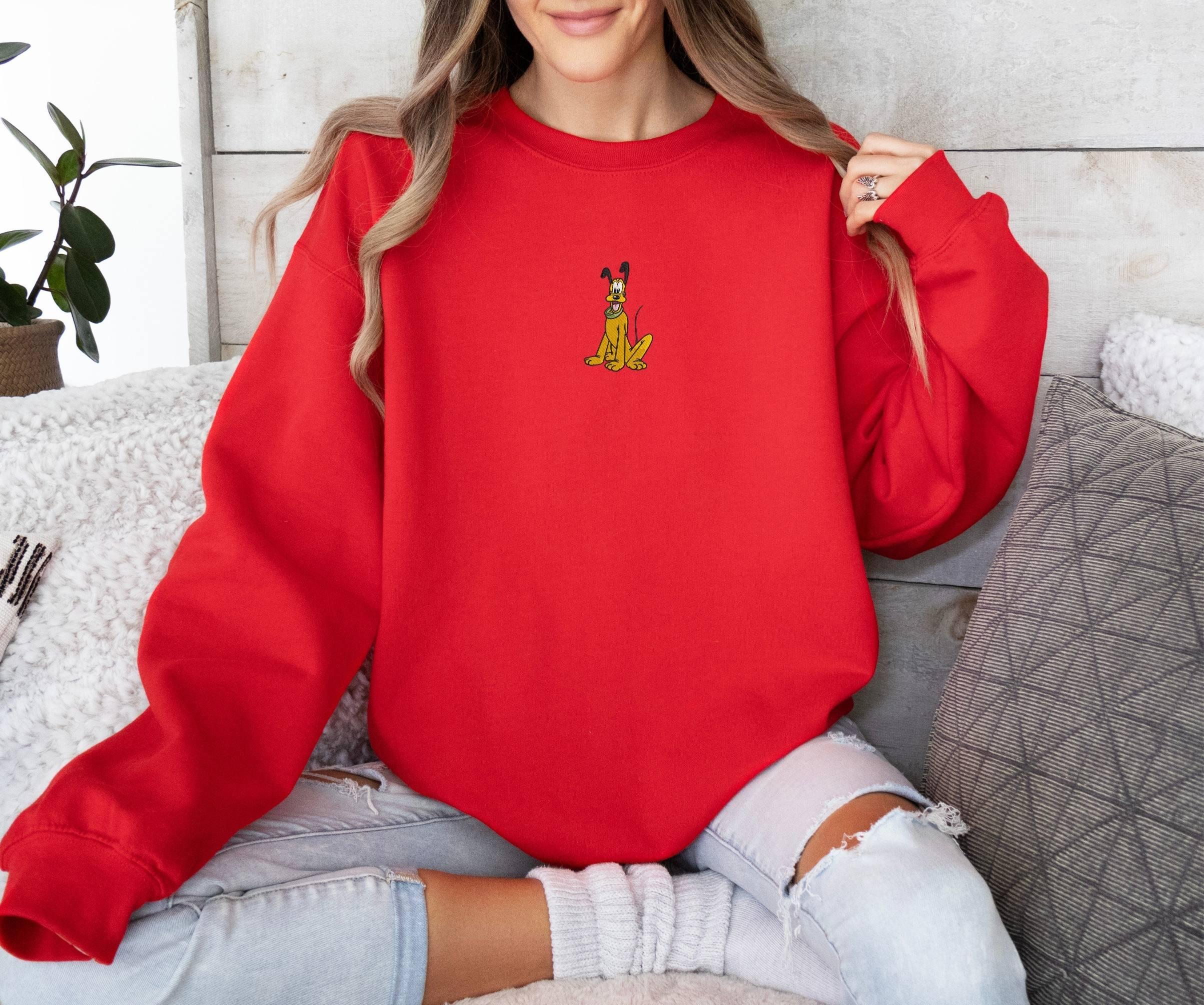 Embroidered Pluto Dog Sweatshirt With Minimalist Cartoon Embroidery – Cozy Disney Family Trip Hoodie And Dog Lover Gift - photo 8