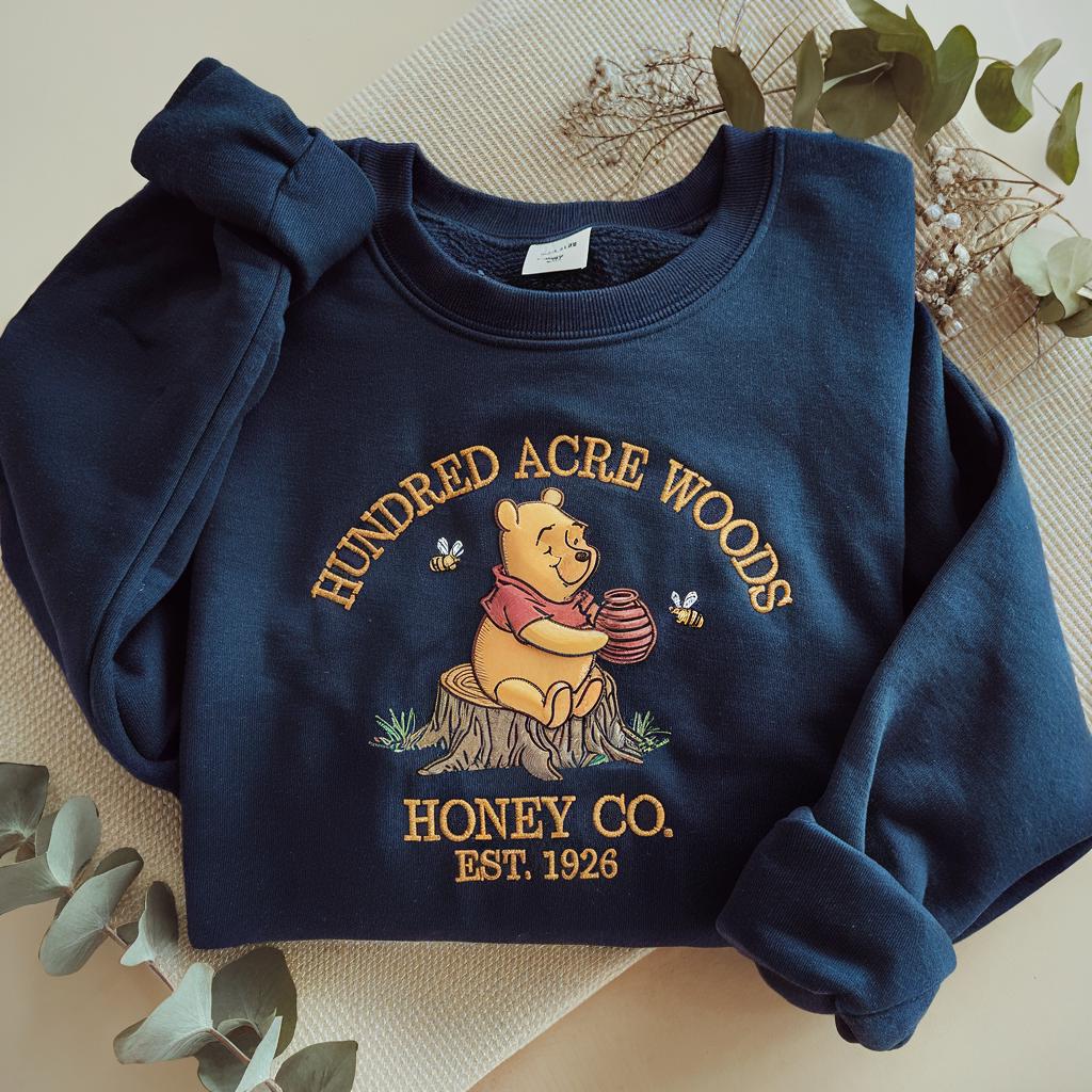 Winnie The Pooh Bear Embroidered Sweatshirt With Hundred Acre Woods Honey Co Design – Disneyworld Trip Crewneck Shirt