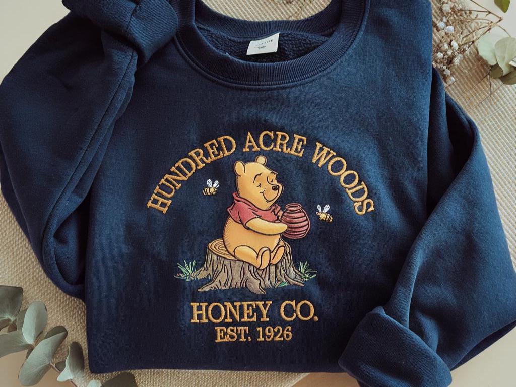 Winnie The Pooh Bear Embroidered Sweatshirt With Hundred Acre Woods Honey Co Design – Disneyworld Trip Crewneck Shirt - photo 2