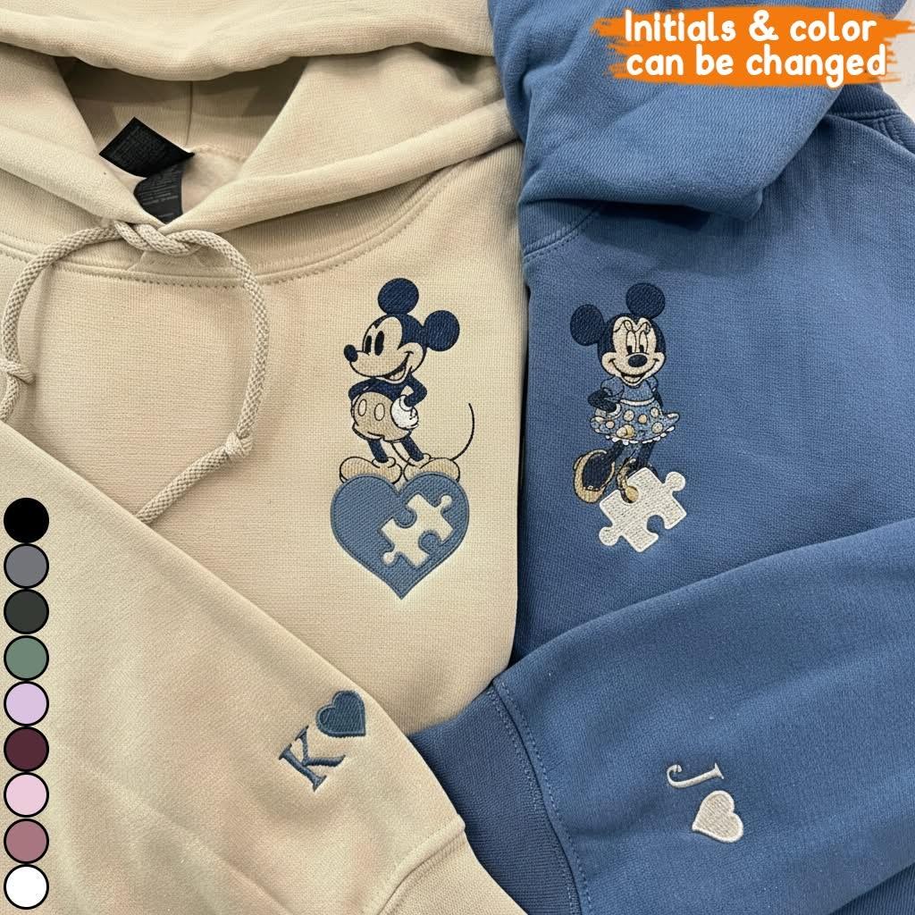 Custom Embroidered Mickey And Minnie Mouse Heart And Puzzle Piece Sweatshirt – Disney Couples Anniversary Or Valentine's Day Gift Hoodie