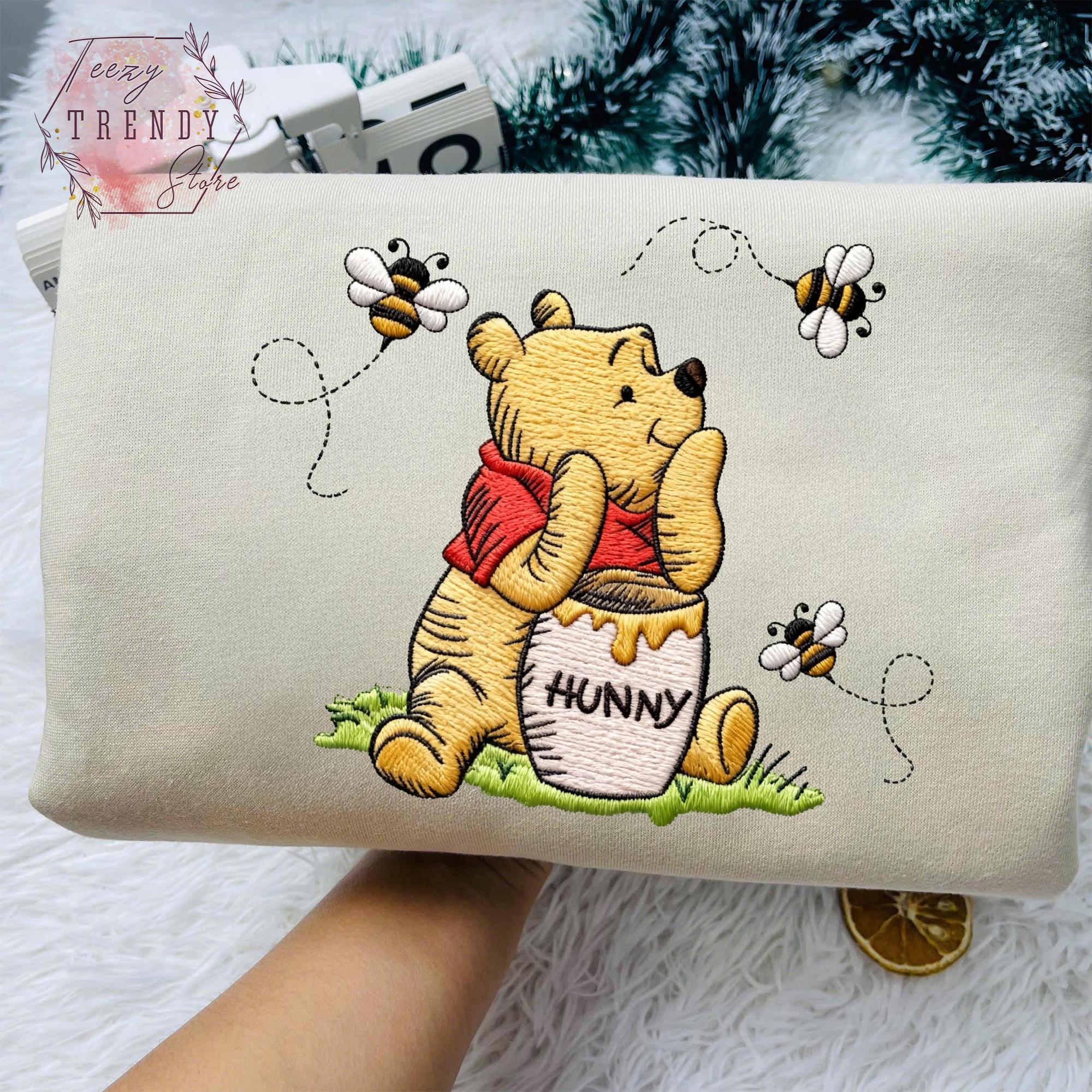 Embroidered Winnie The Pooh Bear Eating Honey Sweatshirt – Cozy Disney Trip Embroidery Shirt For Pooh Bear Lovers