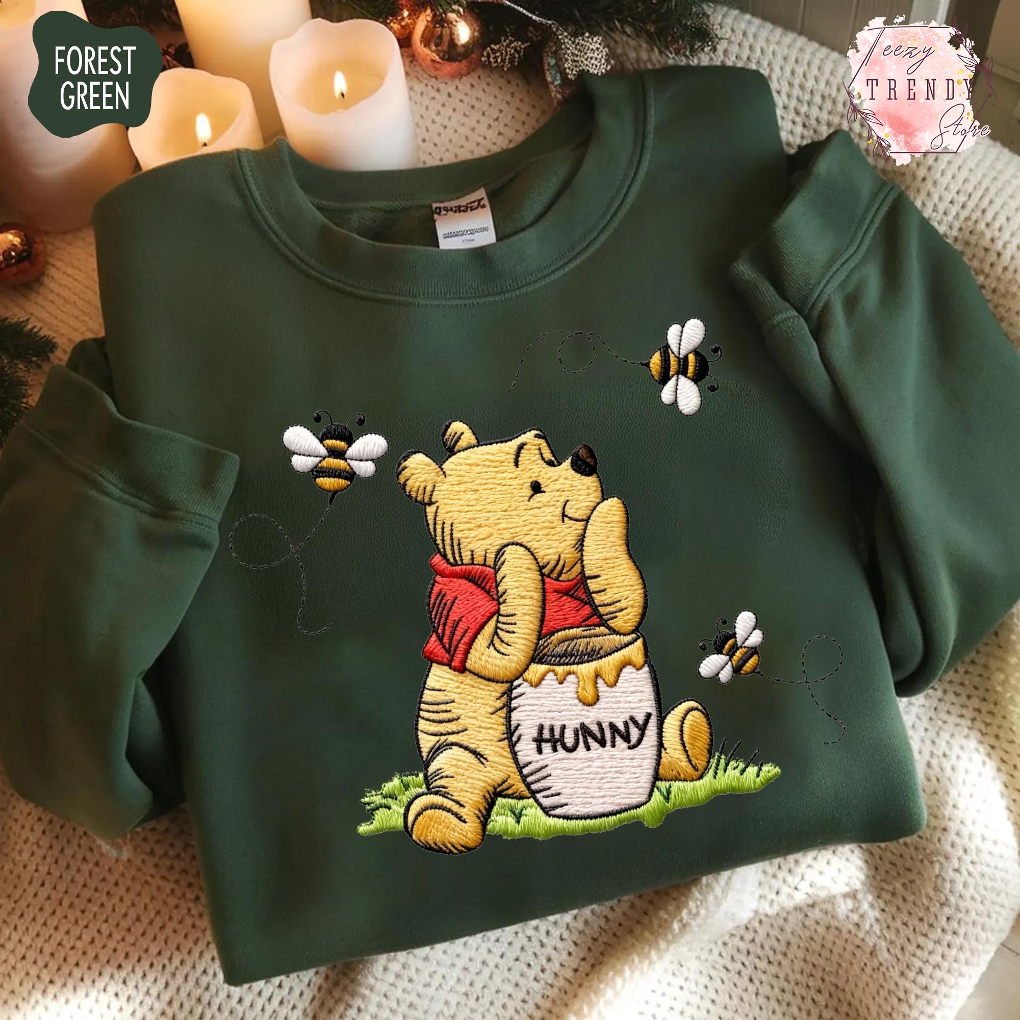 Embroidered Winnie The Pooh Bear Eating Honey Sweatshirt – Cozy Disney Trip Embroidery Shirt For Pooh Bear Lovers - photo 2