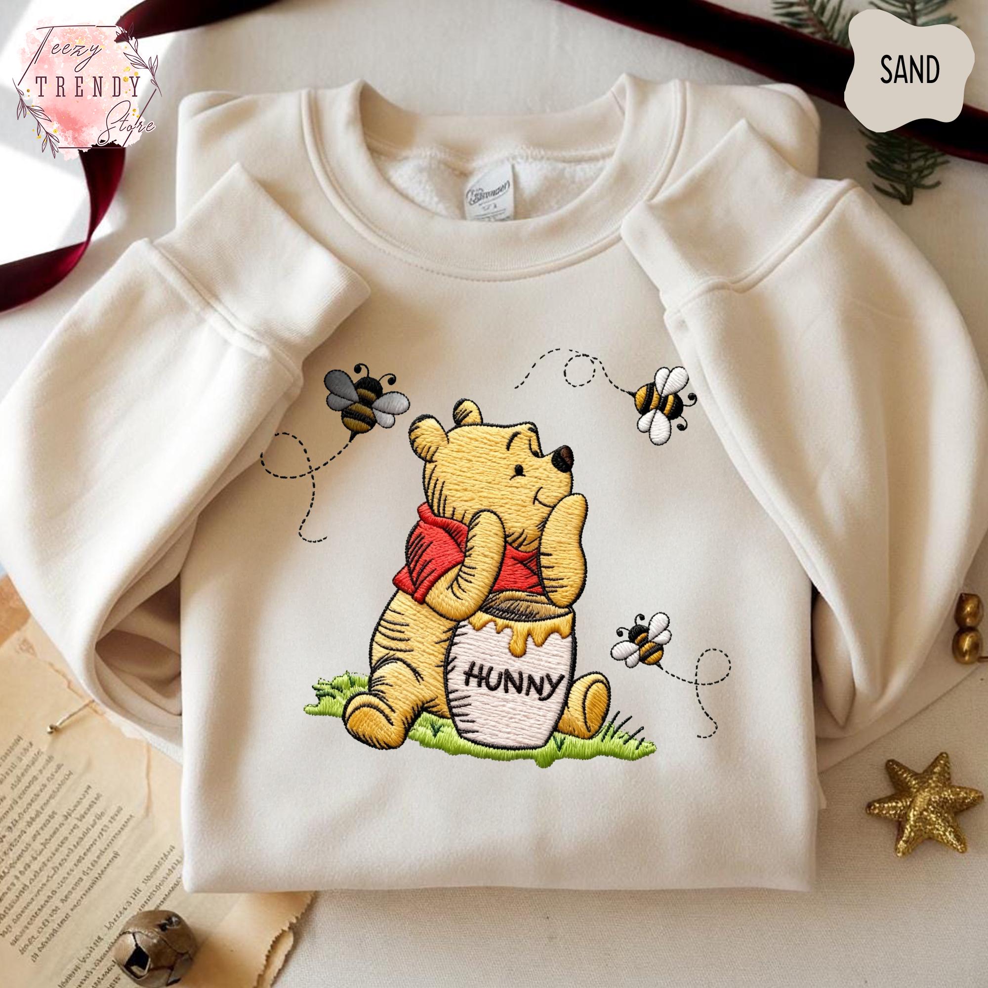 Embroidered Winnie The Pooh Bear Eating Honey Sweatshirt – Cozy Disney Trip Embroidery Shirt For Pooh Bear Lovers - photo 3