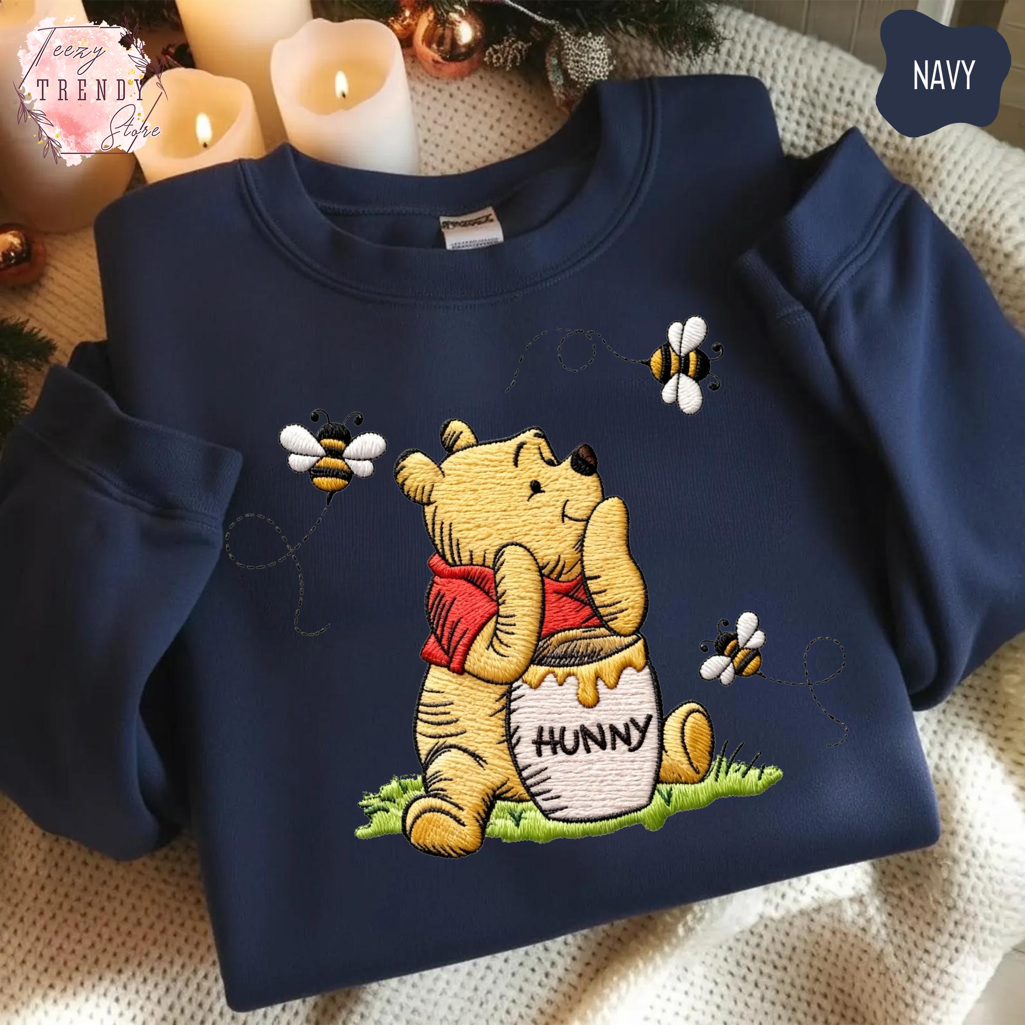 Embroidered Winnie The Pooh Bear Eating Honey Sweatshirt – Cozy Disney Trip Embroidery Shirt For Pooh Bear Lovers - photo 5