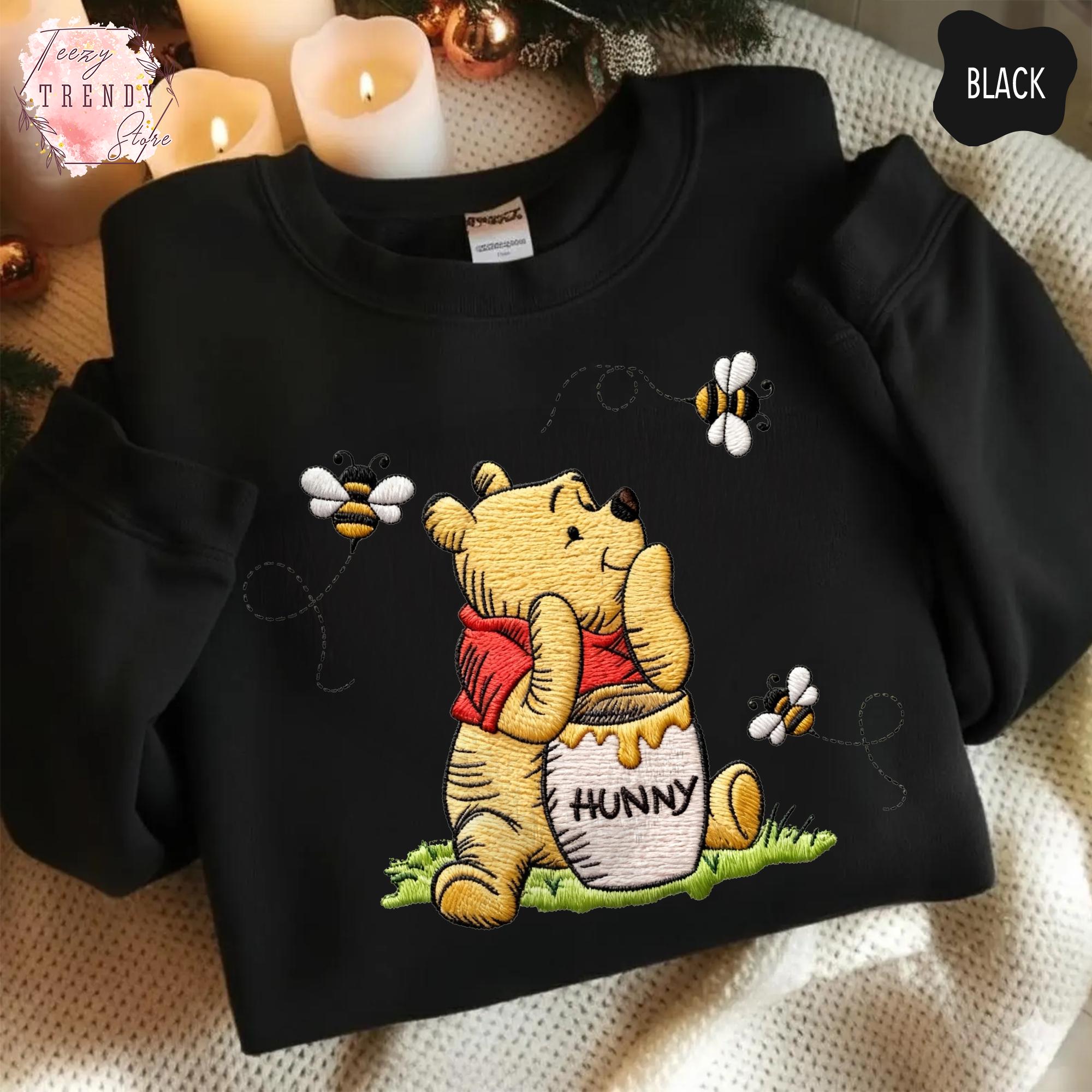 Embroidered Winnie The Pooh Bear Eating Honey Sweatshirt – Cozy Disney Trip Embroidery Shirt For Pooh Bear Lovers - photo 7