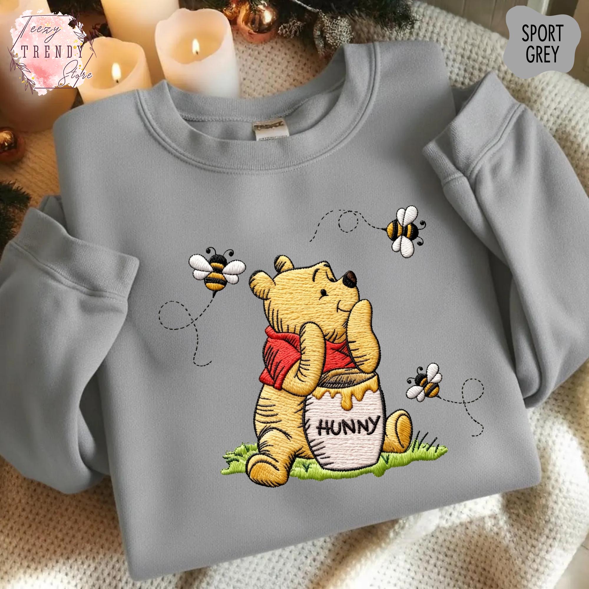 Embroidered Winnie The Pooh Bear Eating Honey Sweatshirt – Cozy Disney Trip Embroidery Shirt For Pooh Bear Lovers - photo 8