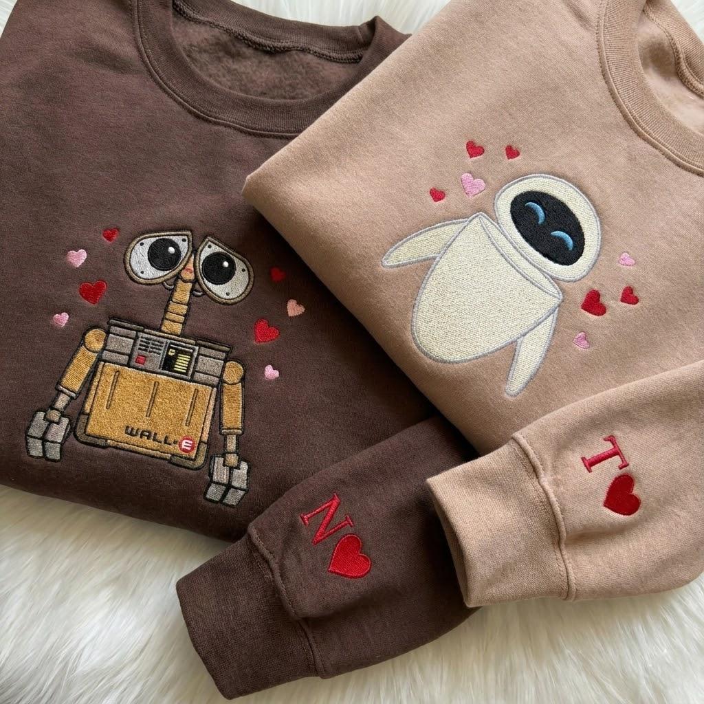 Custom Embroidered Cartoon Couple Matching Sweatshirt With Initial On Sleeve – Movie Character Embroidery Crewneck Shirt