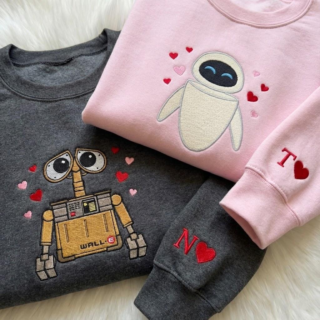 Custom Embroidered Cartoon Couple Matching Sweatshirt With Initial On Sleeve – Movie Character Embroidery Crewneck Shirt - photo 2