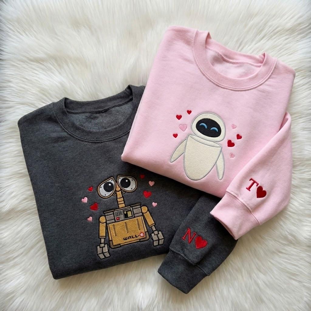 Custom Embroidered Cartoon Couple Matching Sweatshirt With Initial On Sleeve – Movie Character Embroidery Crewneck Shirt - photo 3