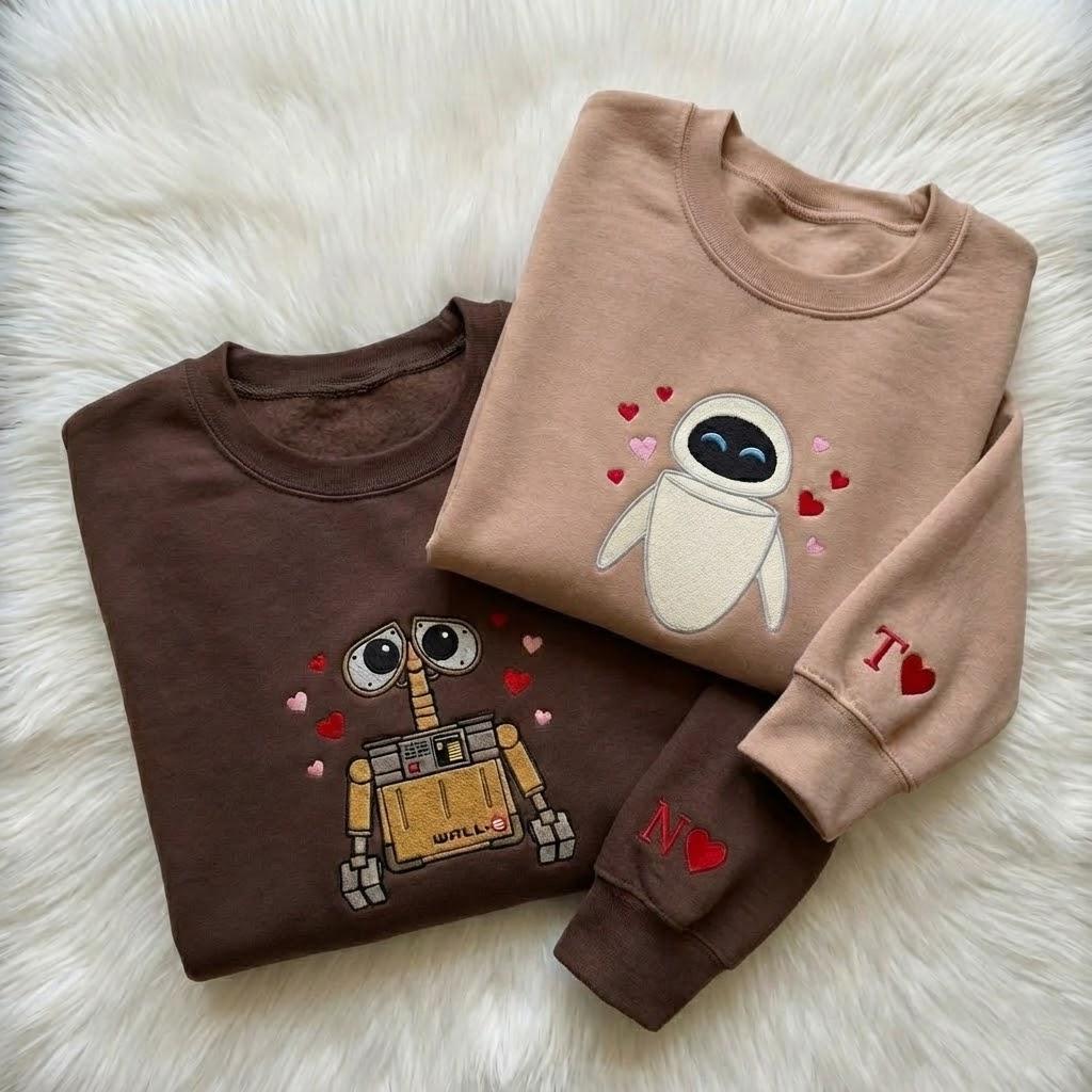 Custom Embroidered Cartoon Couple Matching Sweatshirt With Initial On Sleeve – Movie Character Embroidery Crewneck Shirt - photo 4