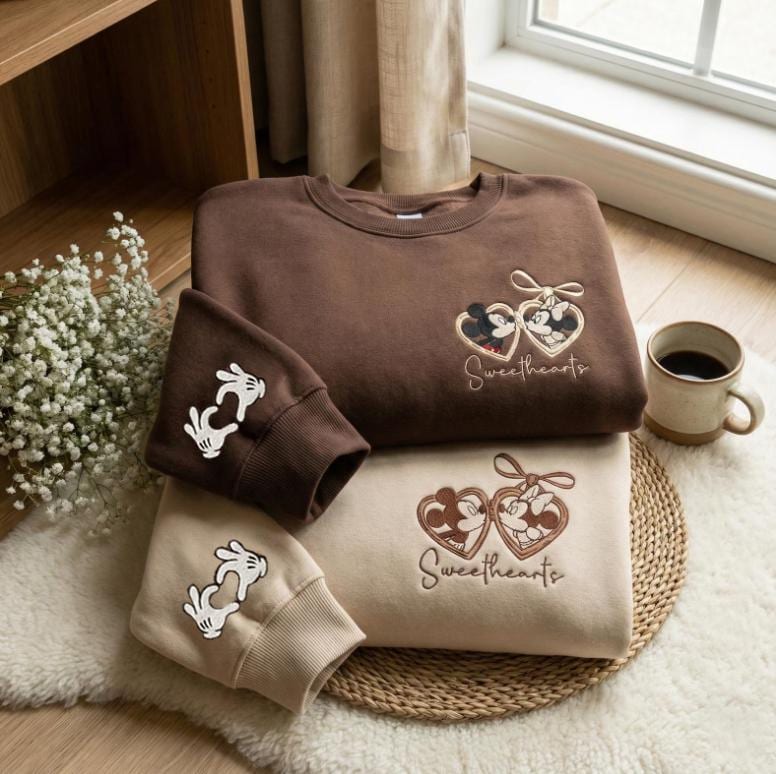 Embroidered Mouse Couple Locket Coquette Sweatshirt – Disneyland Sweetheart Valentine Embroidery Sweater And Hoodie Outfit