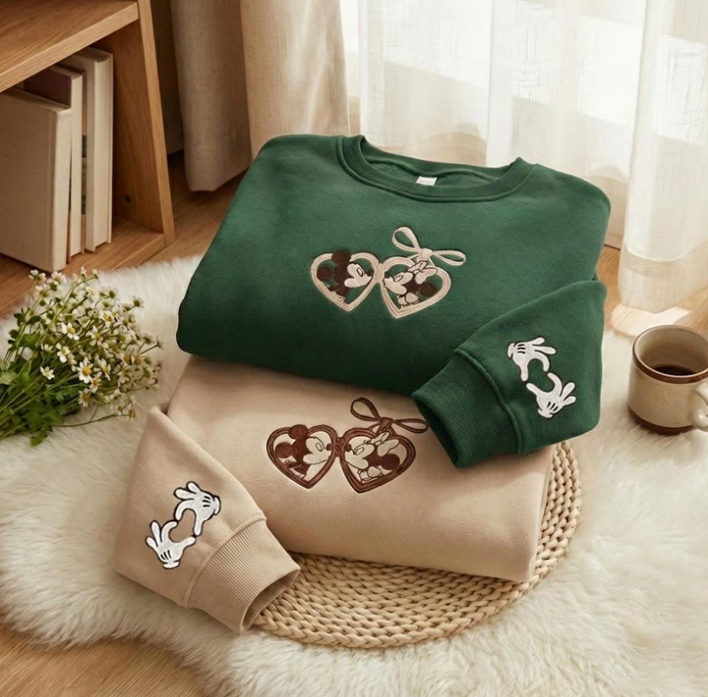 Embroidered Mouse Couple Locket Coquette Sweatshirt – Disneyland Sweetheart Valentine Embroidery Sweater And Hoodie Outfit - photo 2