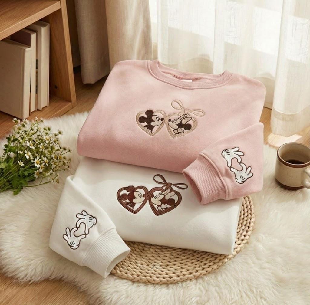 Embroidered Mouse Couple Locket Coquette Sweatshirt – Disneyland Sweetheart Valentine Embroidery Sweater And Hoodie Outfit - photo 3