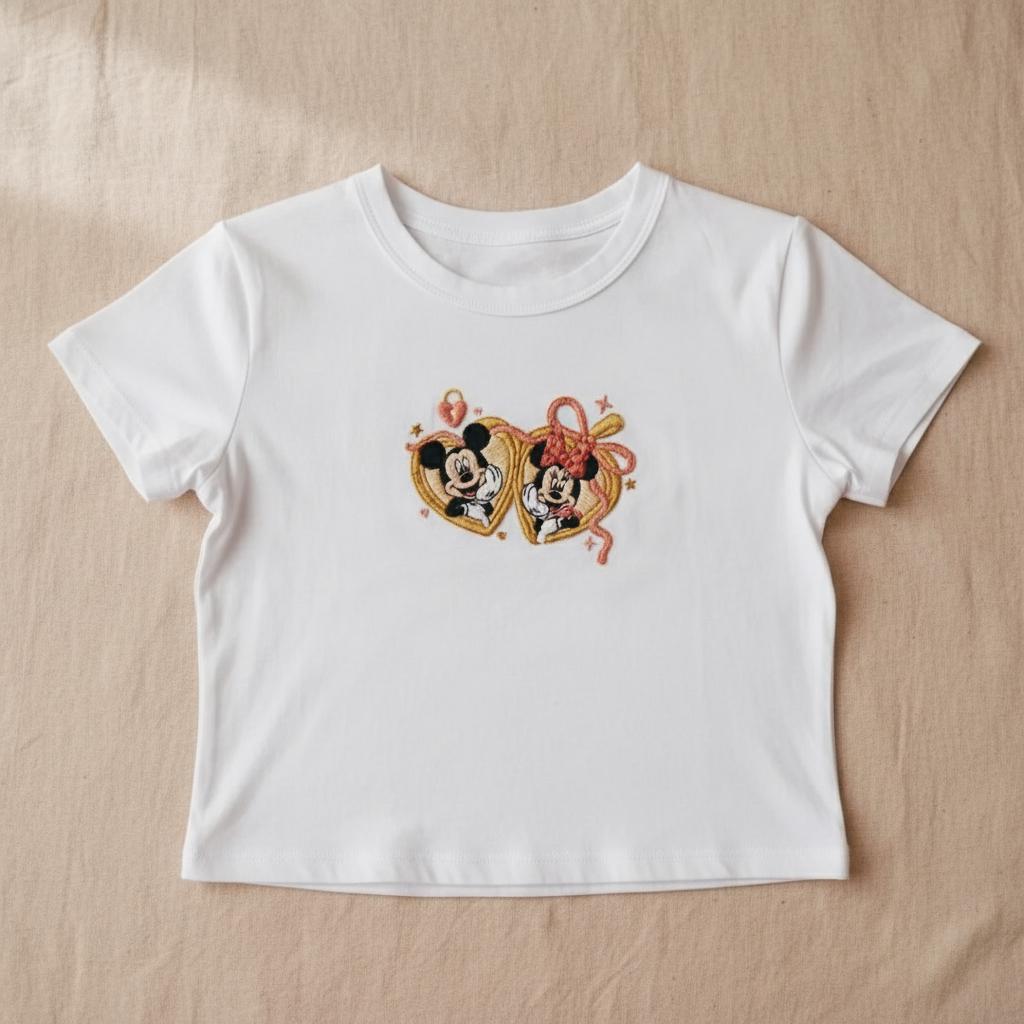 Embroidered Minnie And Mickey Locket Baby Tee – Fitted Disney Couple Top And Disneyland Gift Shirt For Her - photo 2