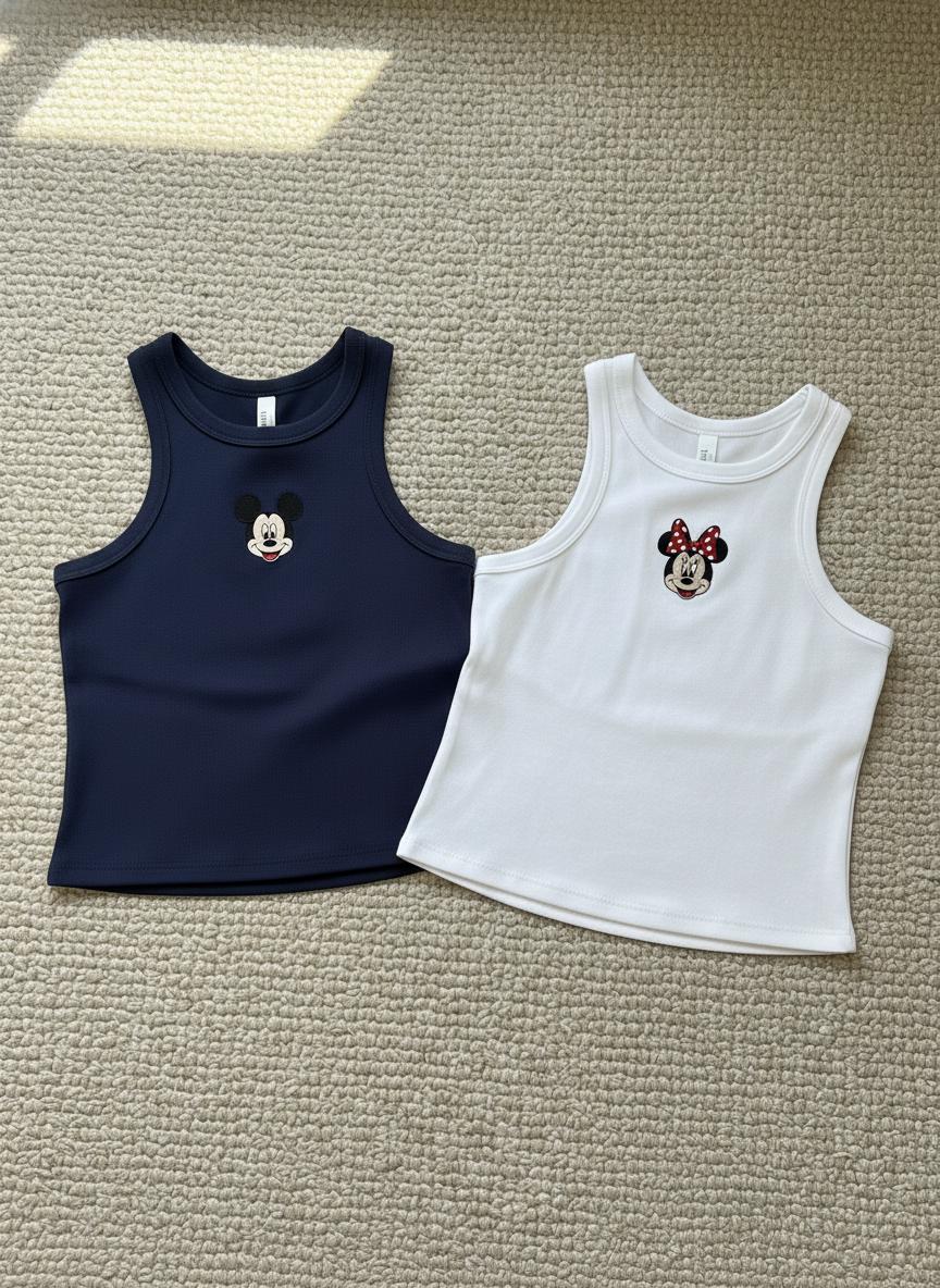 Embroidery Mickey And Minnie Crop Tank Top Or Simple Brown Mouse Baby Tee – Girly Aesthetic Y2K Disneyworld WDW Magic Kingdom Trip Tee - photo 3