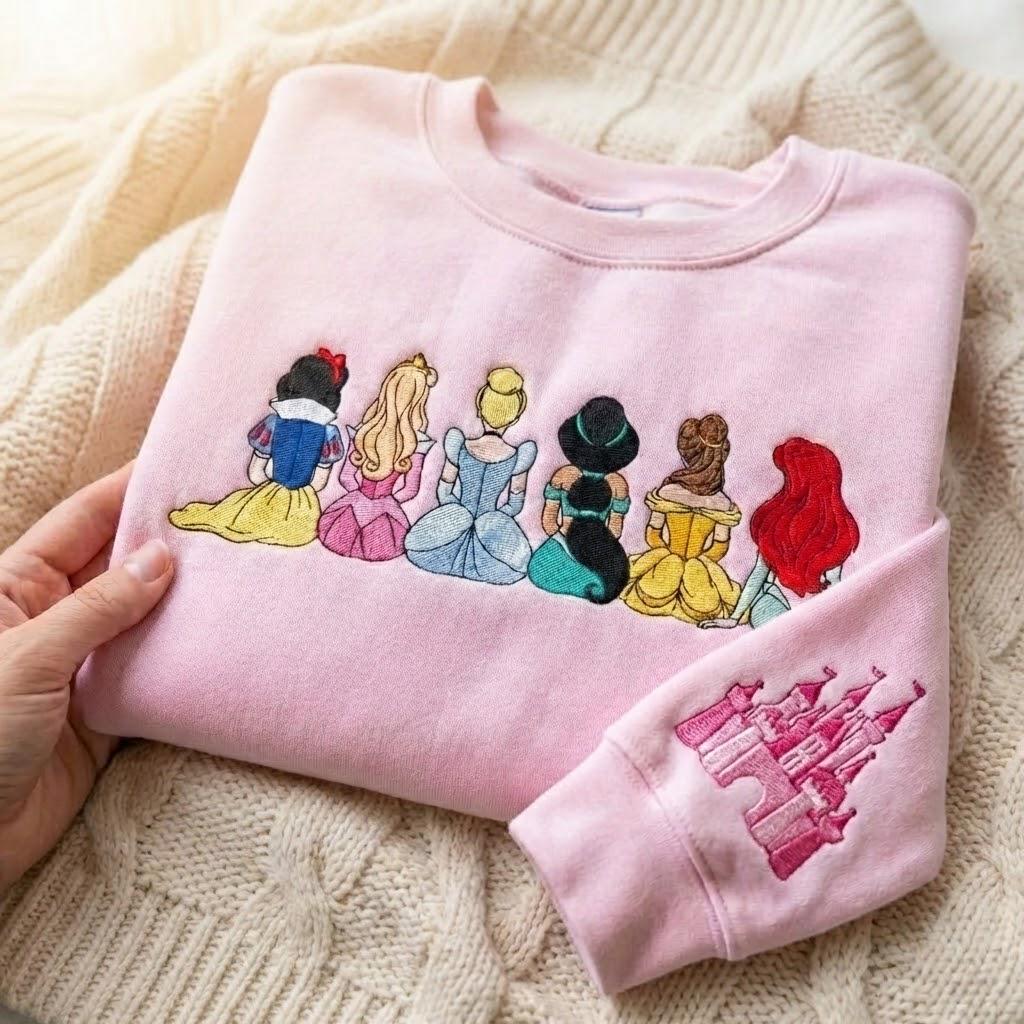 Embroidered Disney Princess Sweatshirt With Magical Land Embroidery – Girls Disney Trip Sweater And Princess Family Hoodie