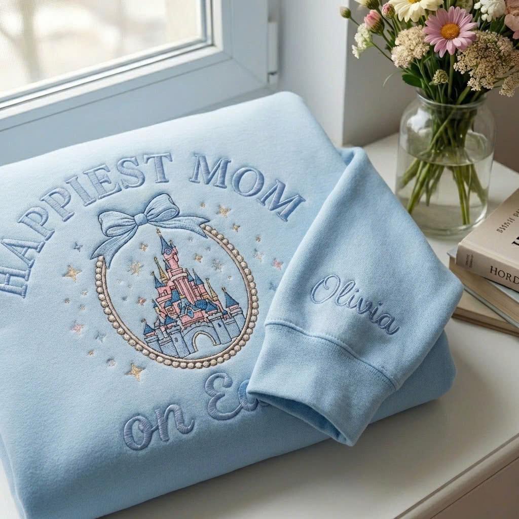 Embroidered Happiest Mom On Earth Mama Tee With Magic Castle Coquette Bow – Family Trip Outfit Sweatshirt And Mother's Day Gift
